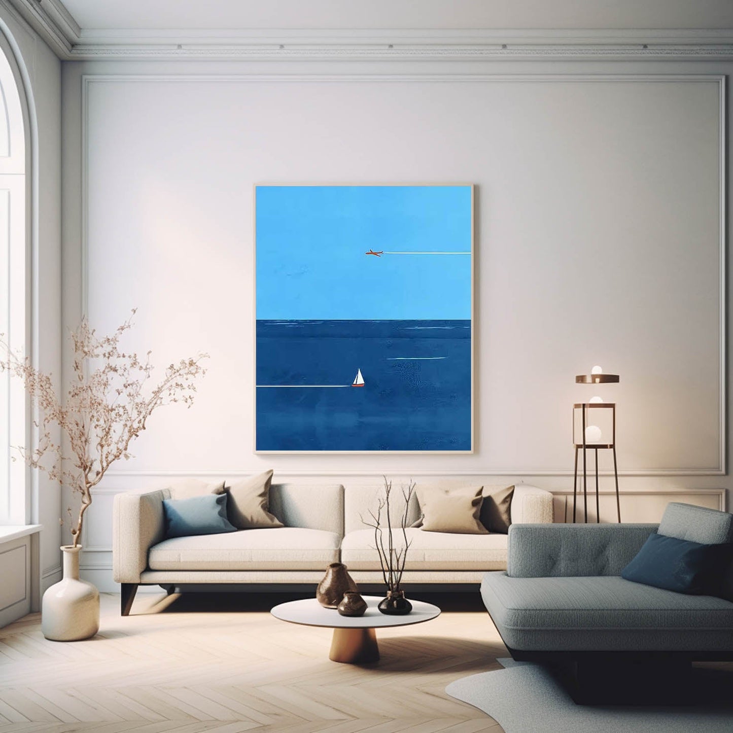 Serene Blue Minimalist Ocean Scene with Plane and Sailboat Oil Painting for Home Decor