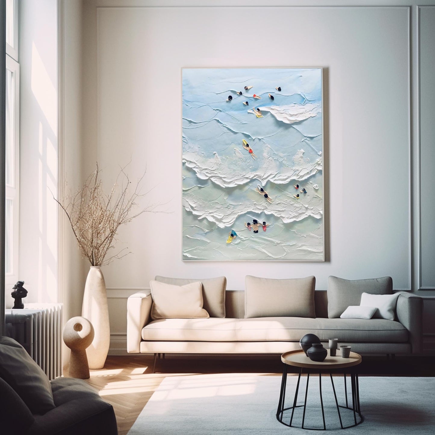Vibrant Beach Scene Oil Painting with Swimmers and Ocean Waves