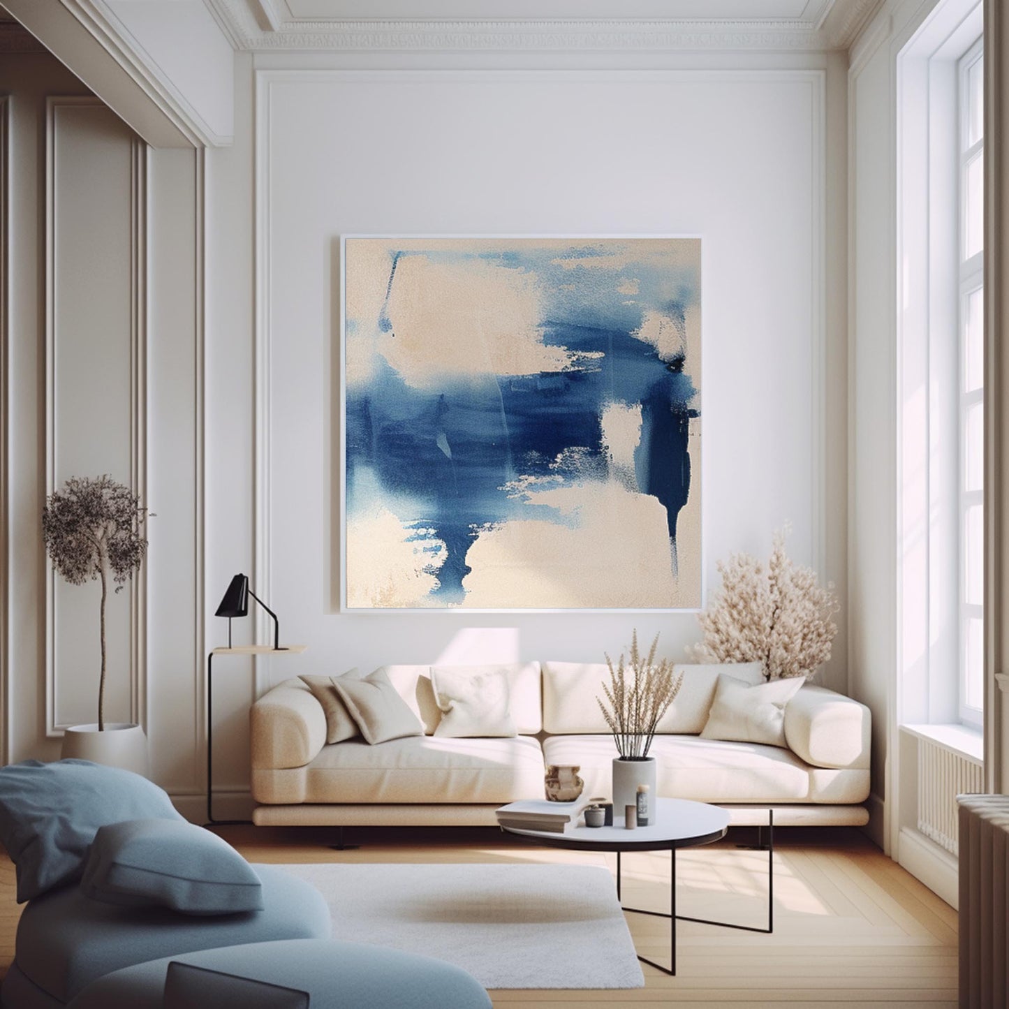 Contemporary Abstract Oil Painting in Blue and Cream for Modern Home Decor