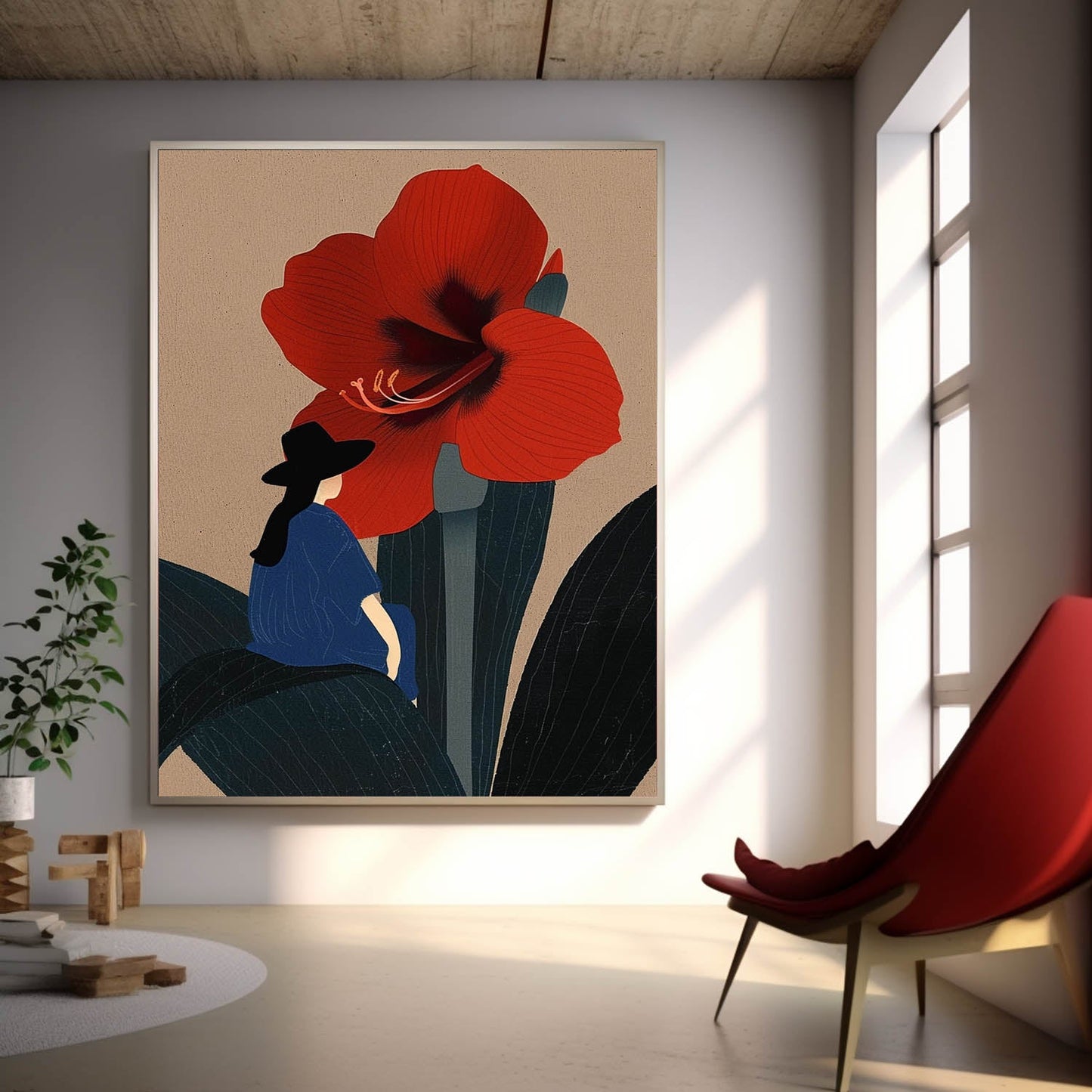 Charming Woman and Red Flower Oil Painting for Modern Home Decor