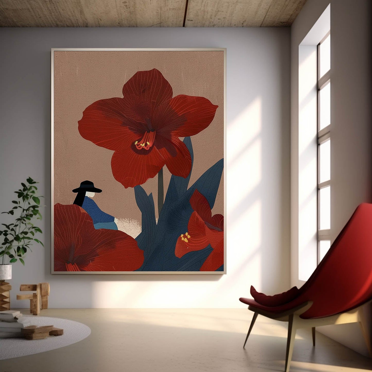 Elegant Red Flower Woman Oil Painting for Modern Home Decor