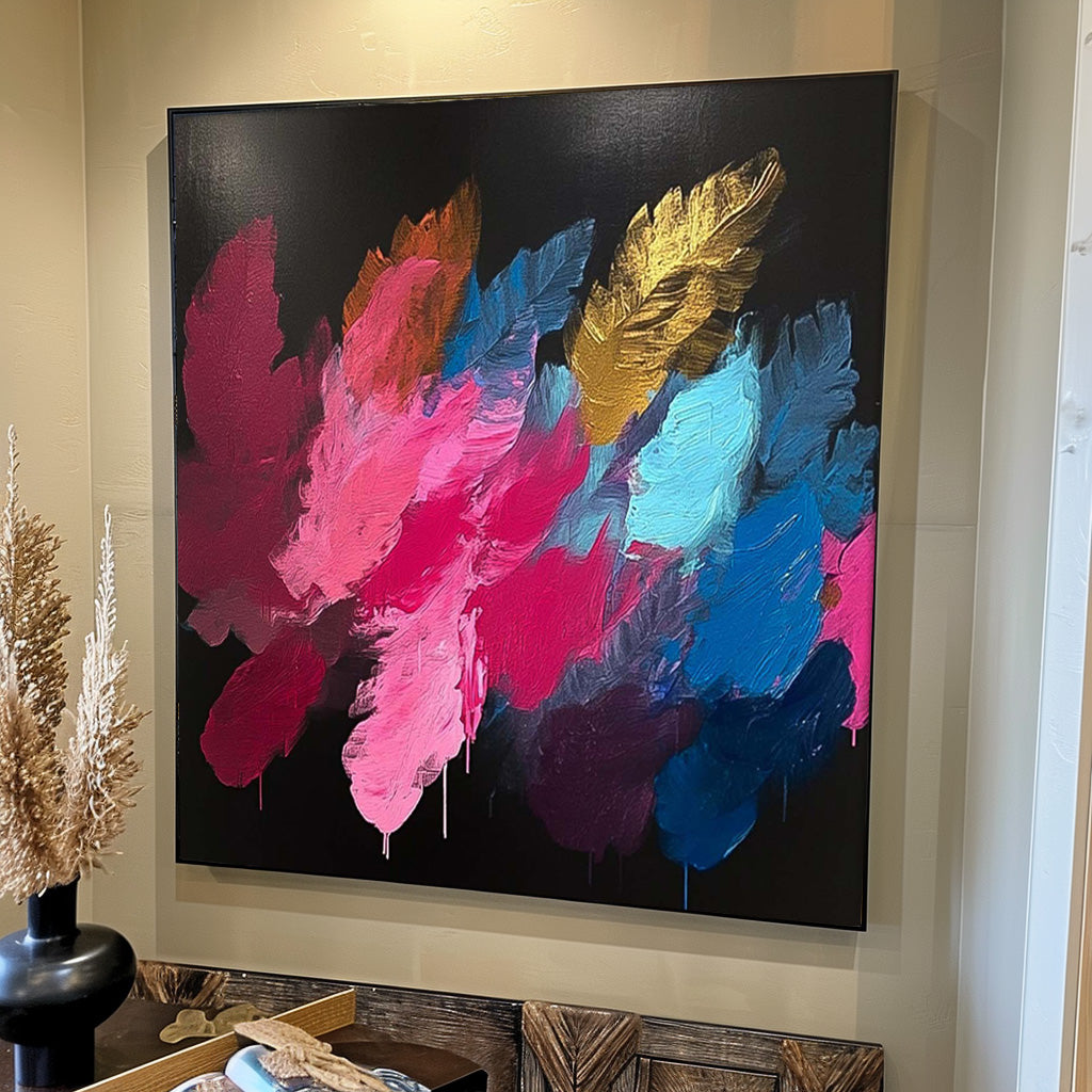 Vibrant Abstract Oil Painting with Colorful Floral Brushstrokes on Black Canvas