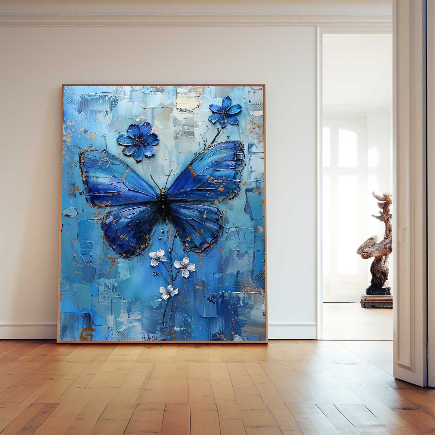 Beautiful Blue Butterfly Oil Painting with Floral Accents for Elegant Home Decor