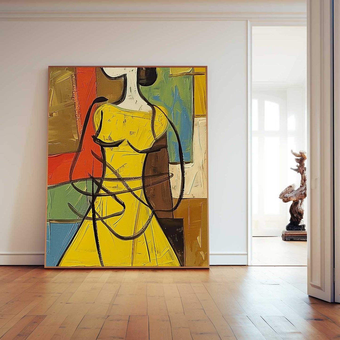 Vibrant Woman in Yellow Dress Abstract Oil Painting for Contemporary Decor