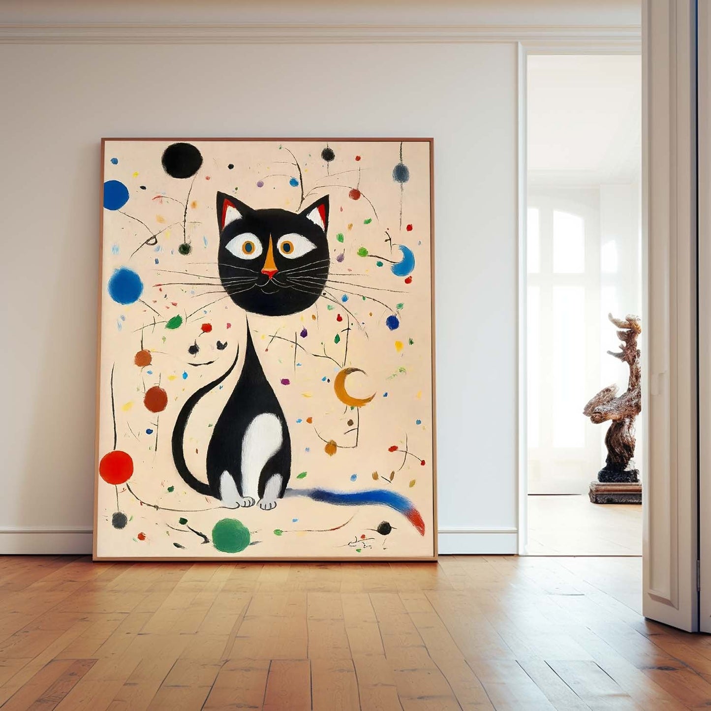 Charming Black Cat Oil Painting with Colorful Abstract Surroundings