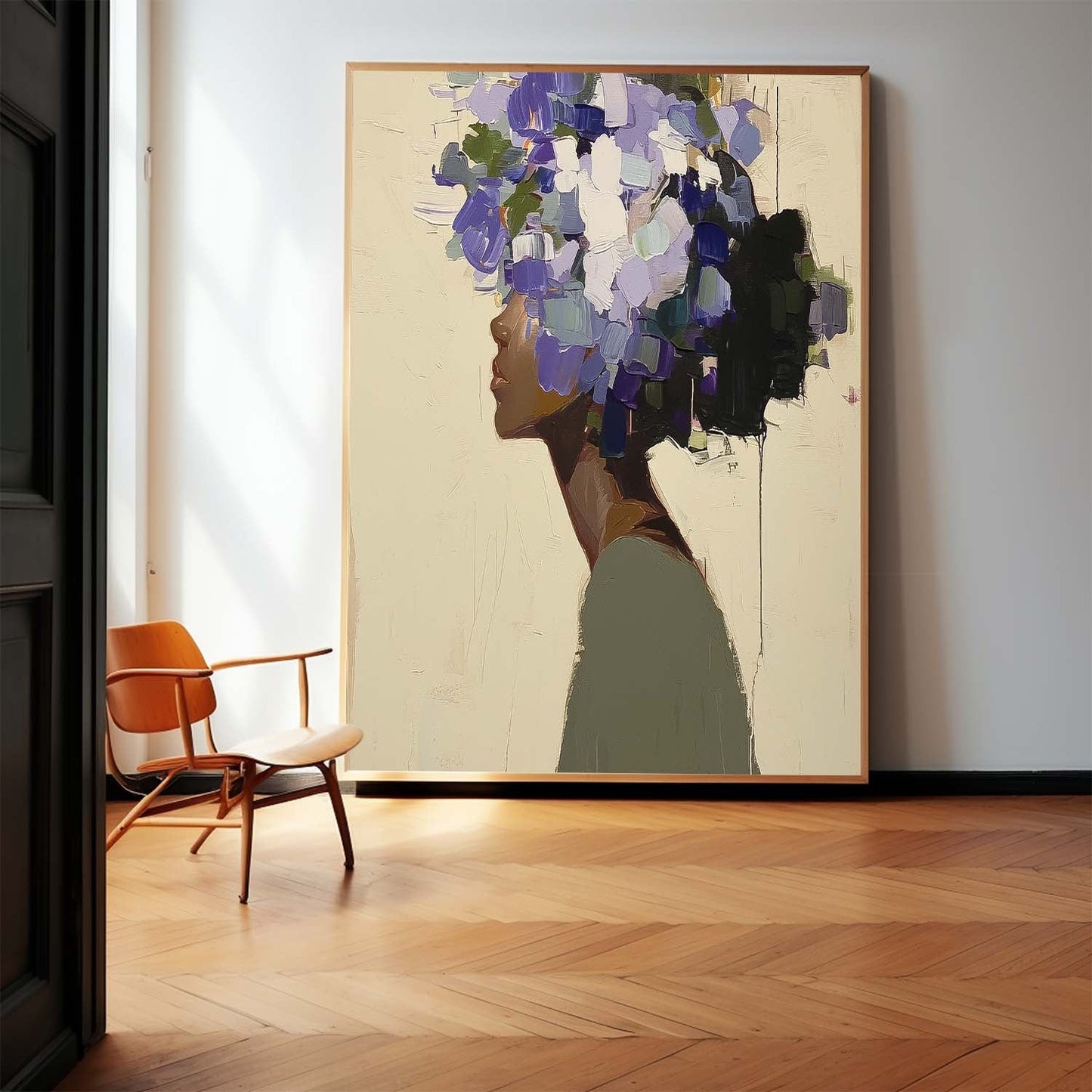 Elegant Woman Silhouette with Vibrant Floral Hair - Contemporary Oil Painting
