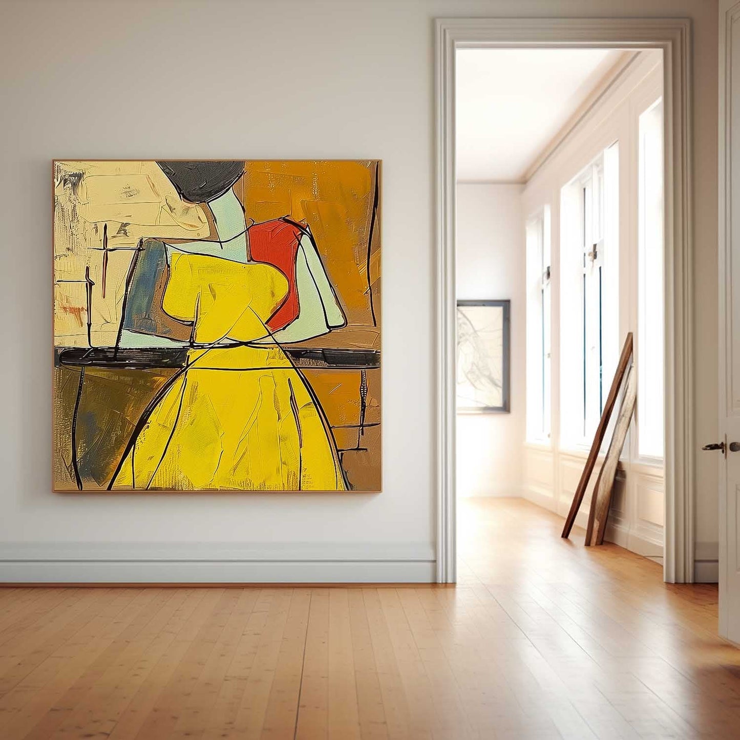 Colorful Abstract Oil Painting of a Woman in Yellow Dress - Modern Canvas Art