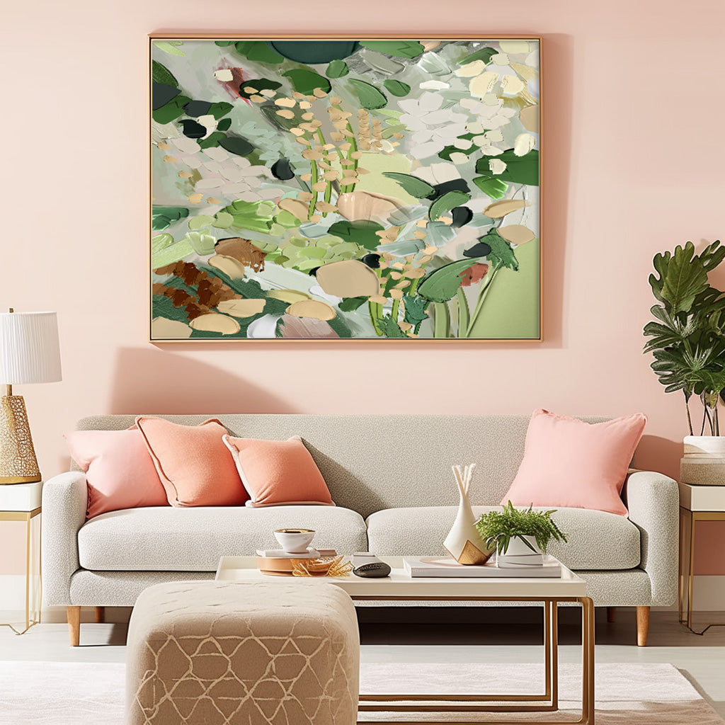 Botanical Elegance: Serene Green and White Floral Oil Painting for Home Decor