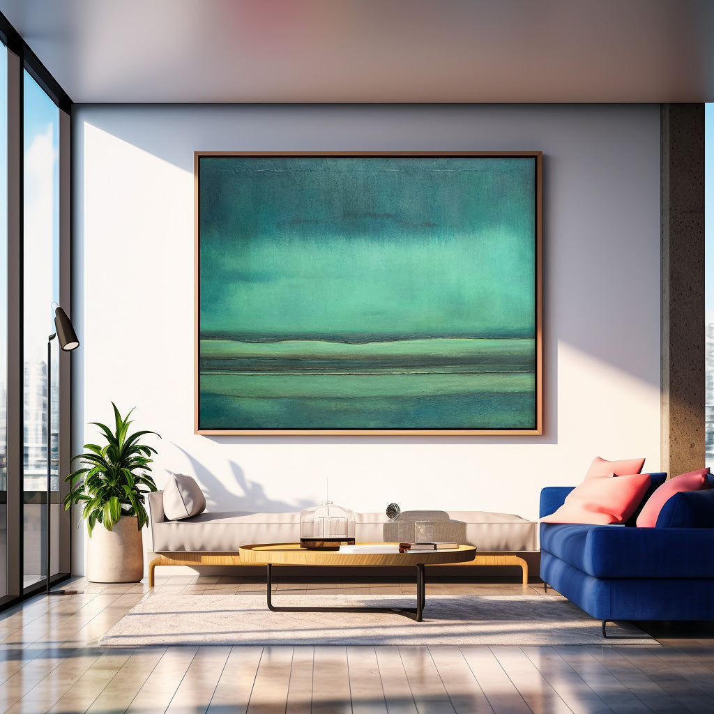 Serene Minimalist Oil Painting in Tranquil Green Hues for Modern Decor