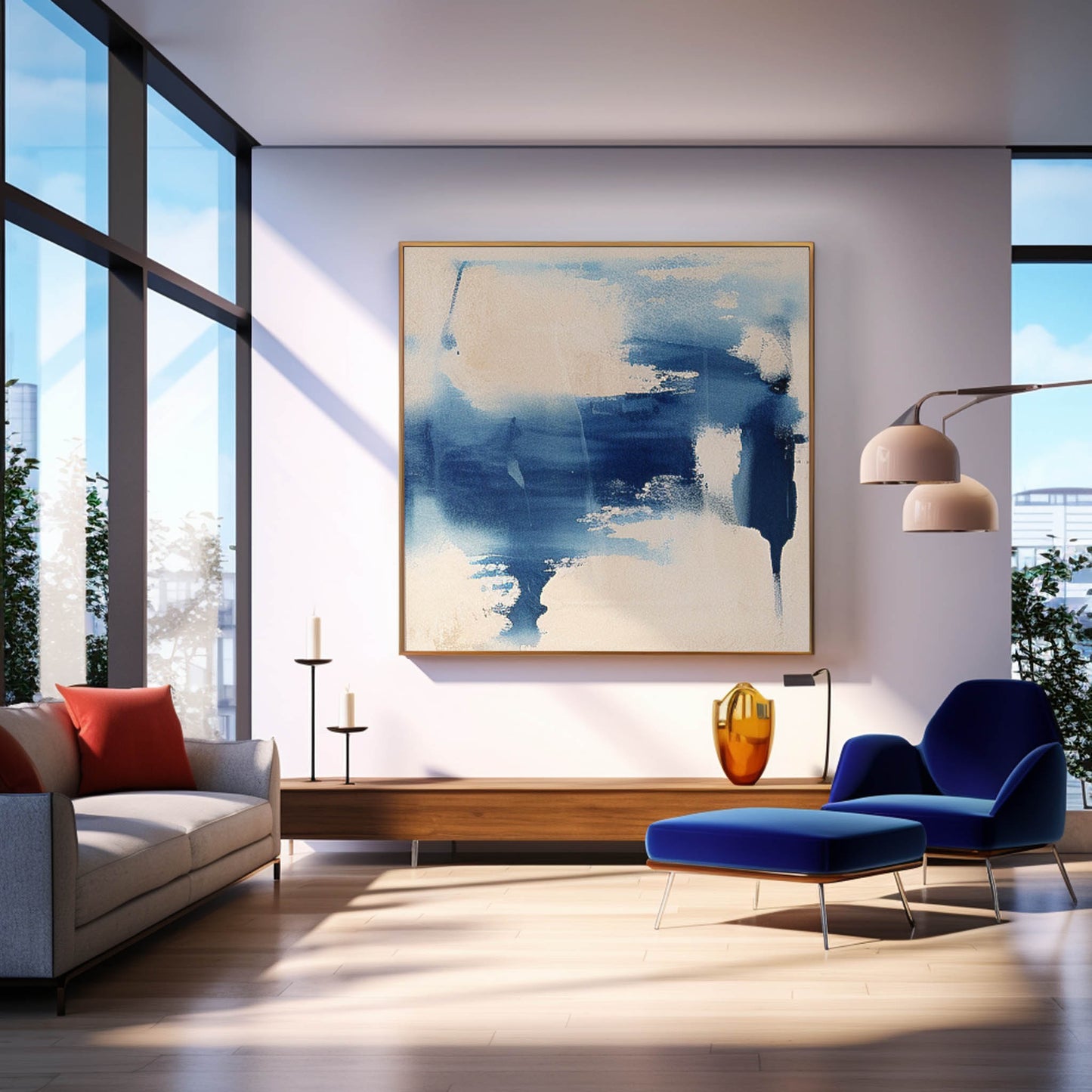 Contemporary Abstract Oil Painting in Blue and Cream for Modern Home Decor