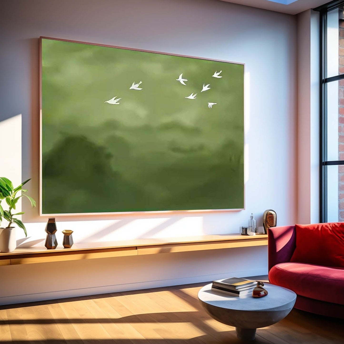 Serene Birds in Flight: Elegant Minimalist Oil Painting for Tranquil Home Decor