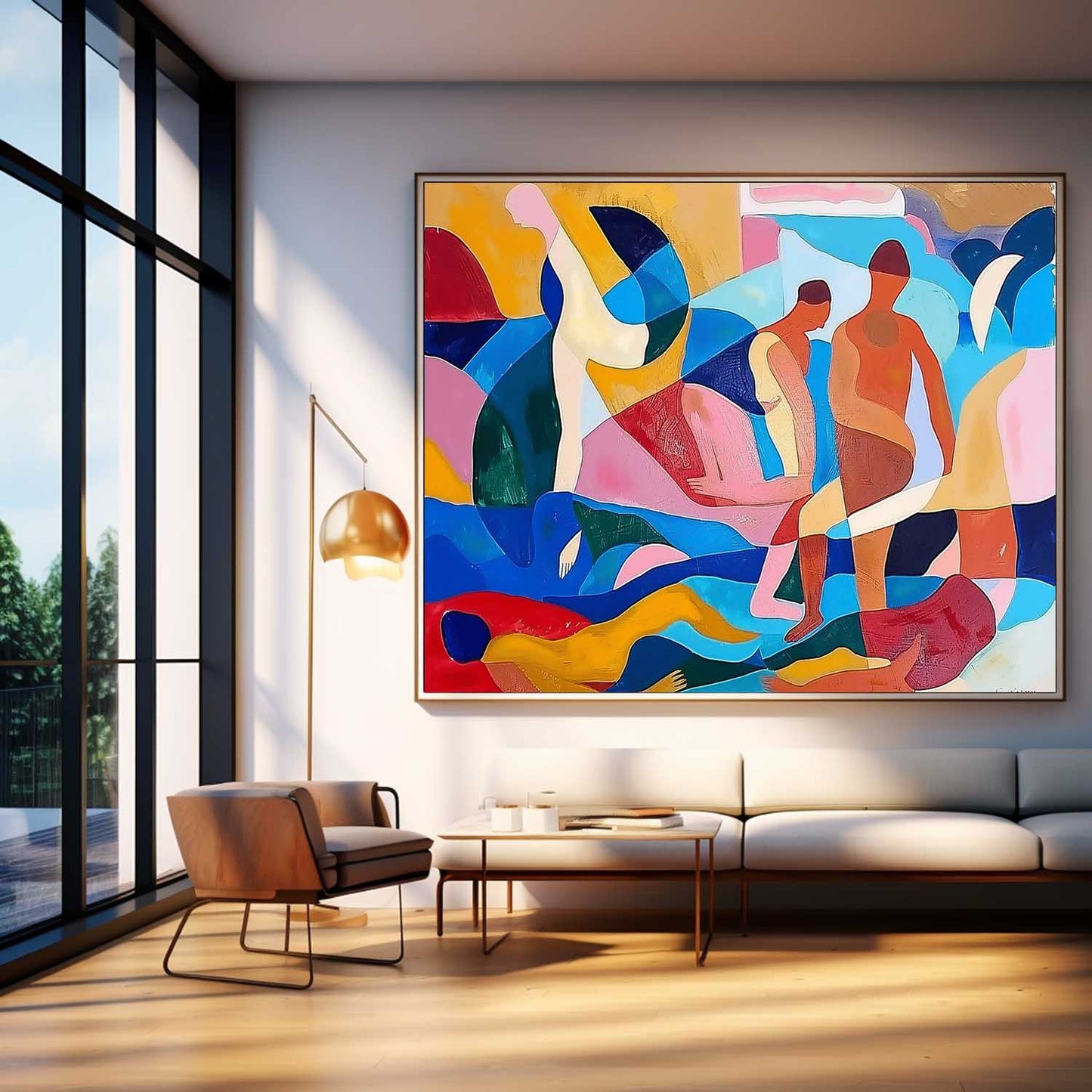 Colorful Abstract Oil Painting of Human Figures in Dynamic Composition