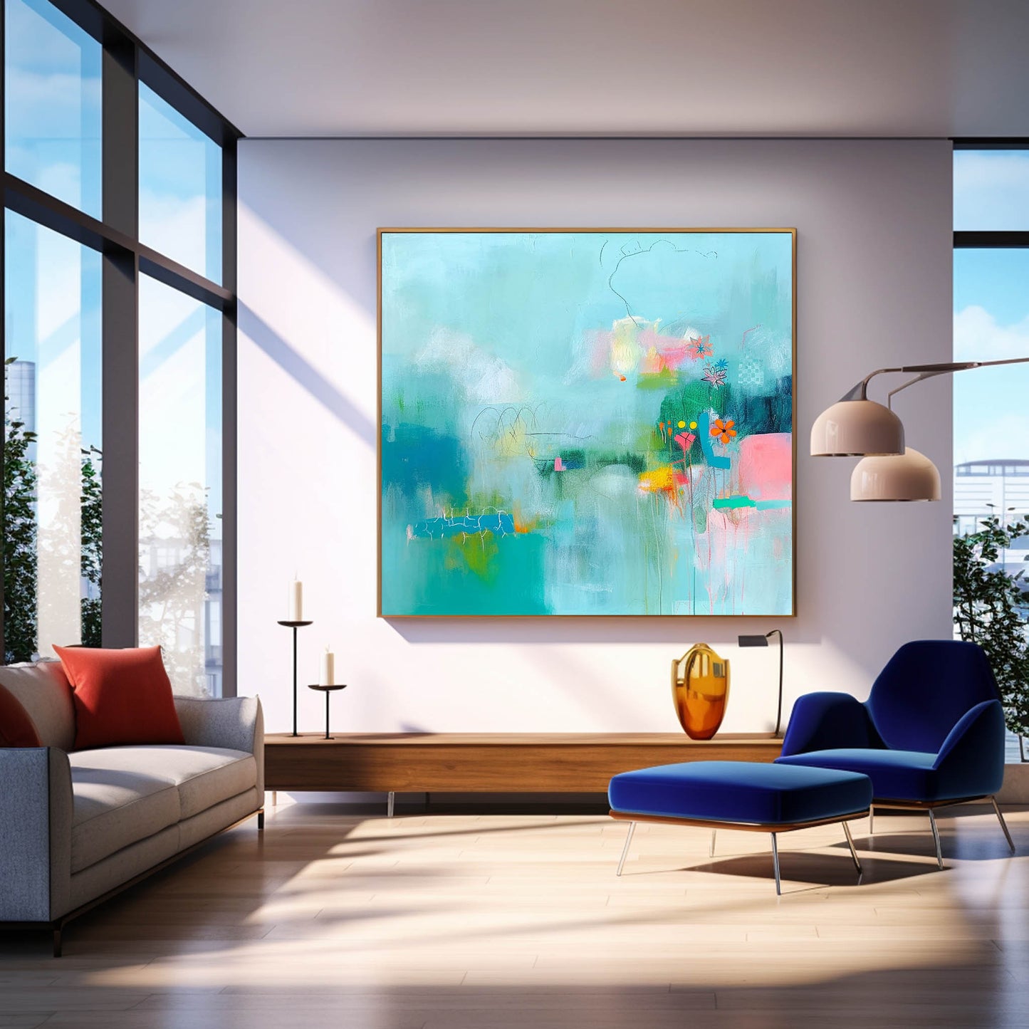 Vibrant Abstract Oil Painting with Flowers and Colorful Swirls for Modern Decor
