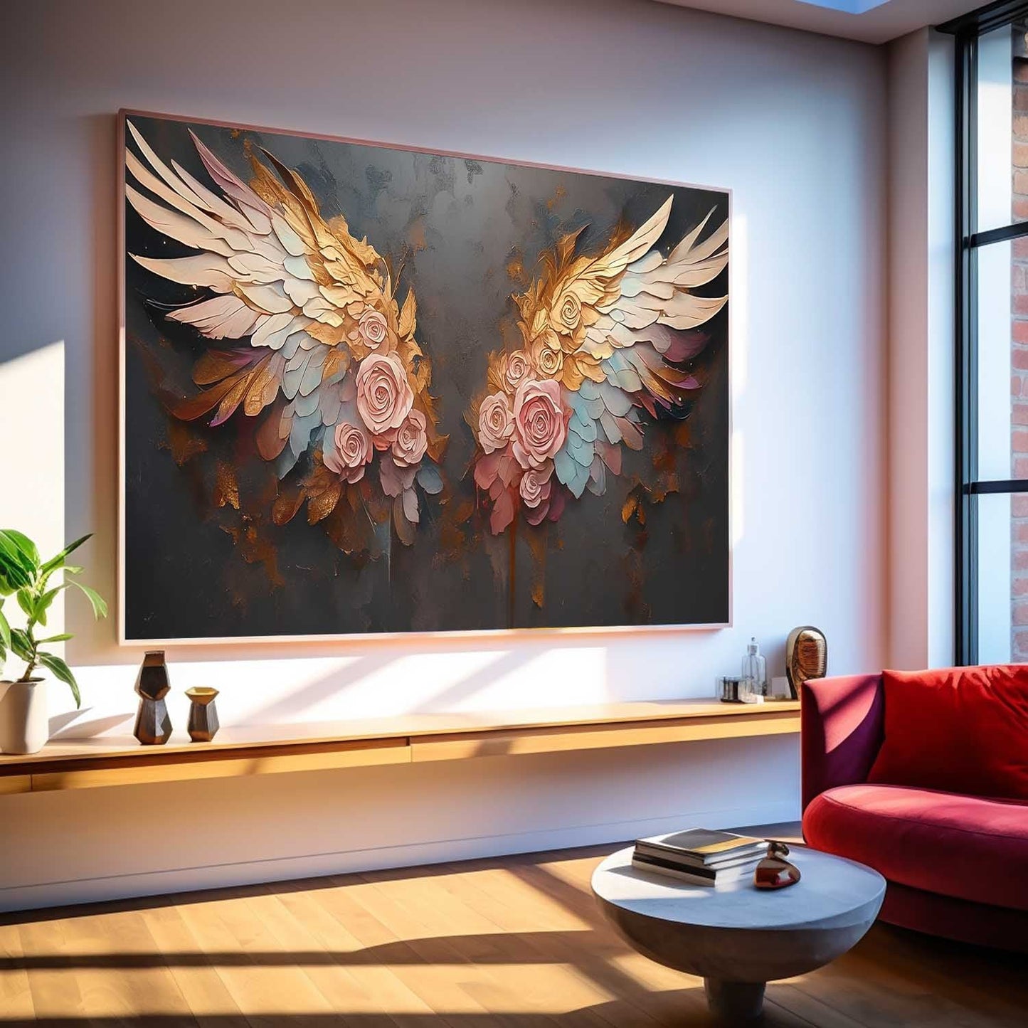 Elegant Floral Wings Oil Painting - Vibrant Pink Roses on Dark Canvas