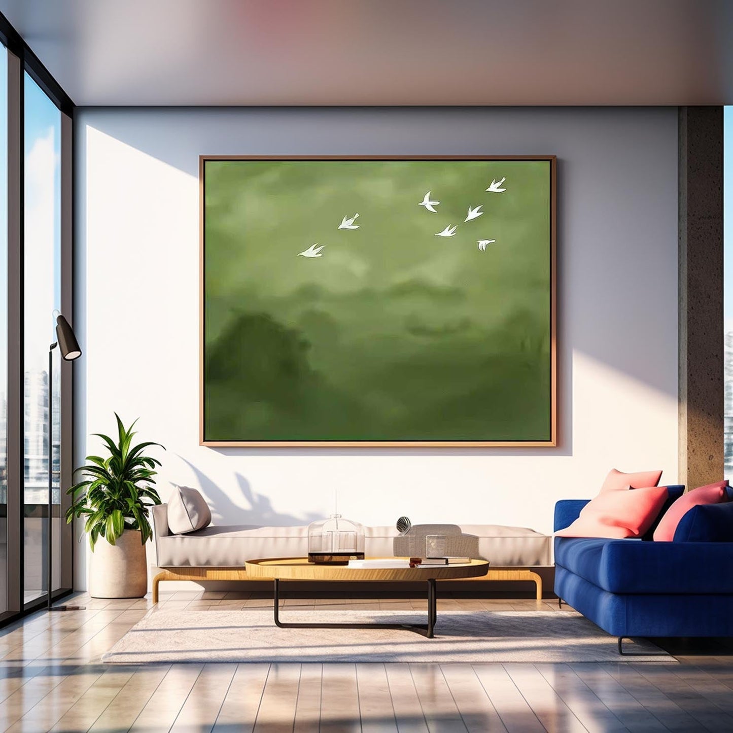 Serene Birds in Flight: Elegant Minimalist Oil Painting for Tranquil Home Decor