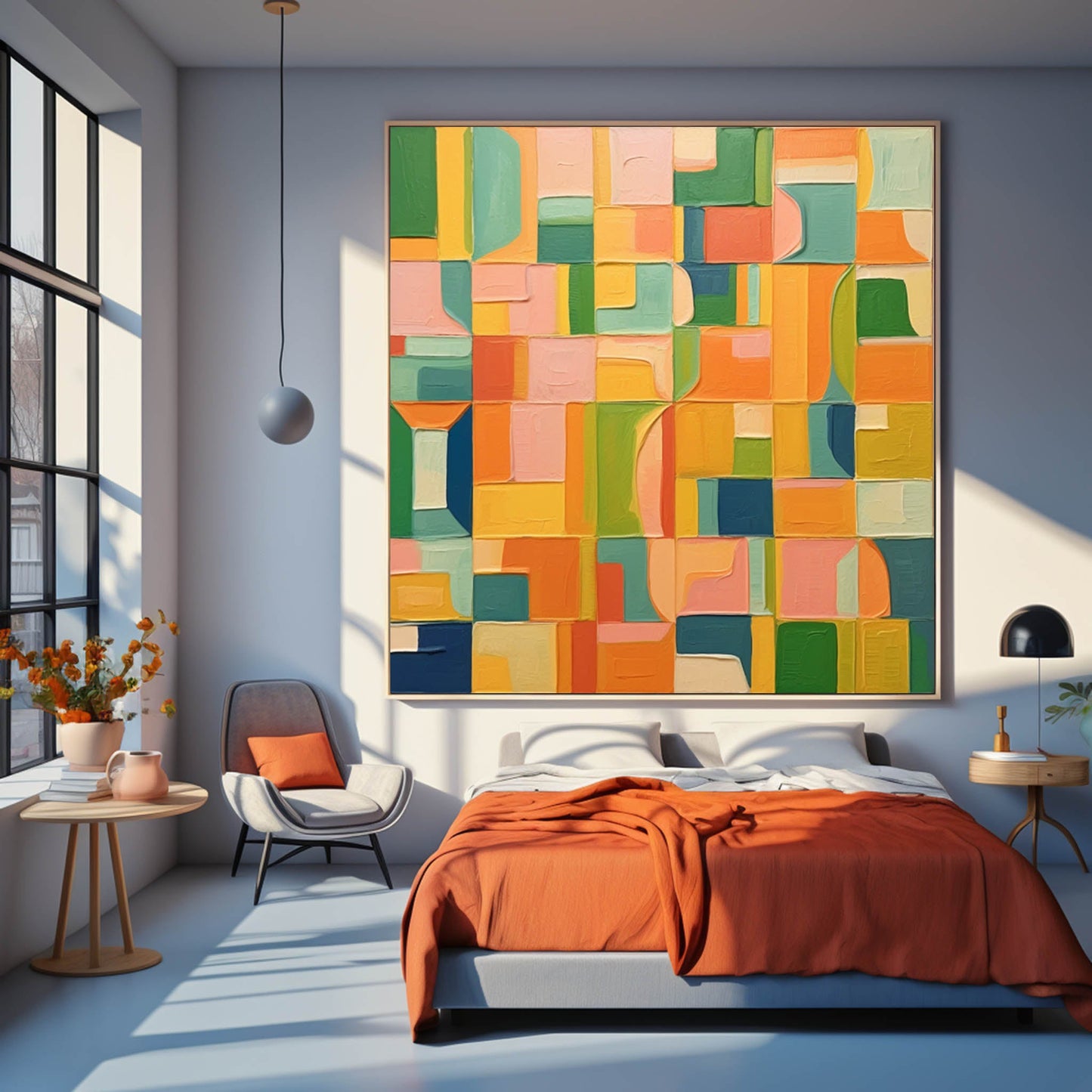 Colorful Geometric Abstract Oil Painting for Modern Home Decor