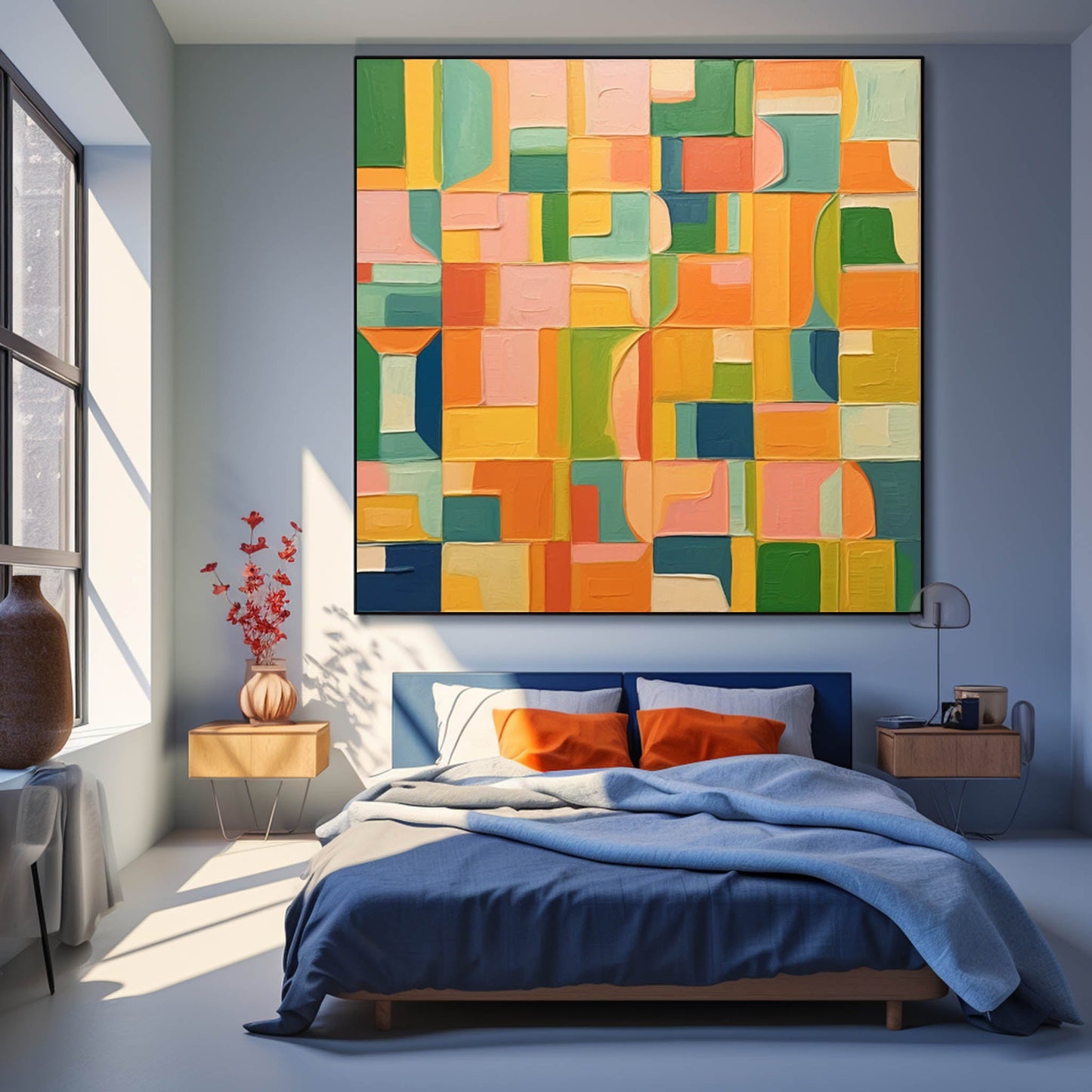 Colorful Geometric Abstract Oil Painting for Modern Home Decor