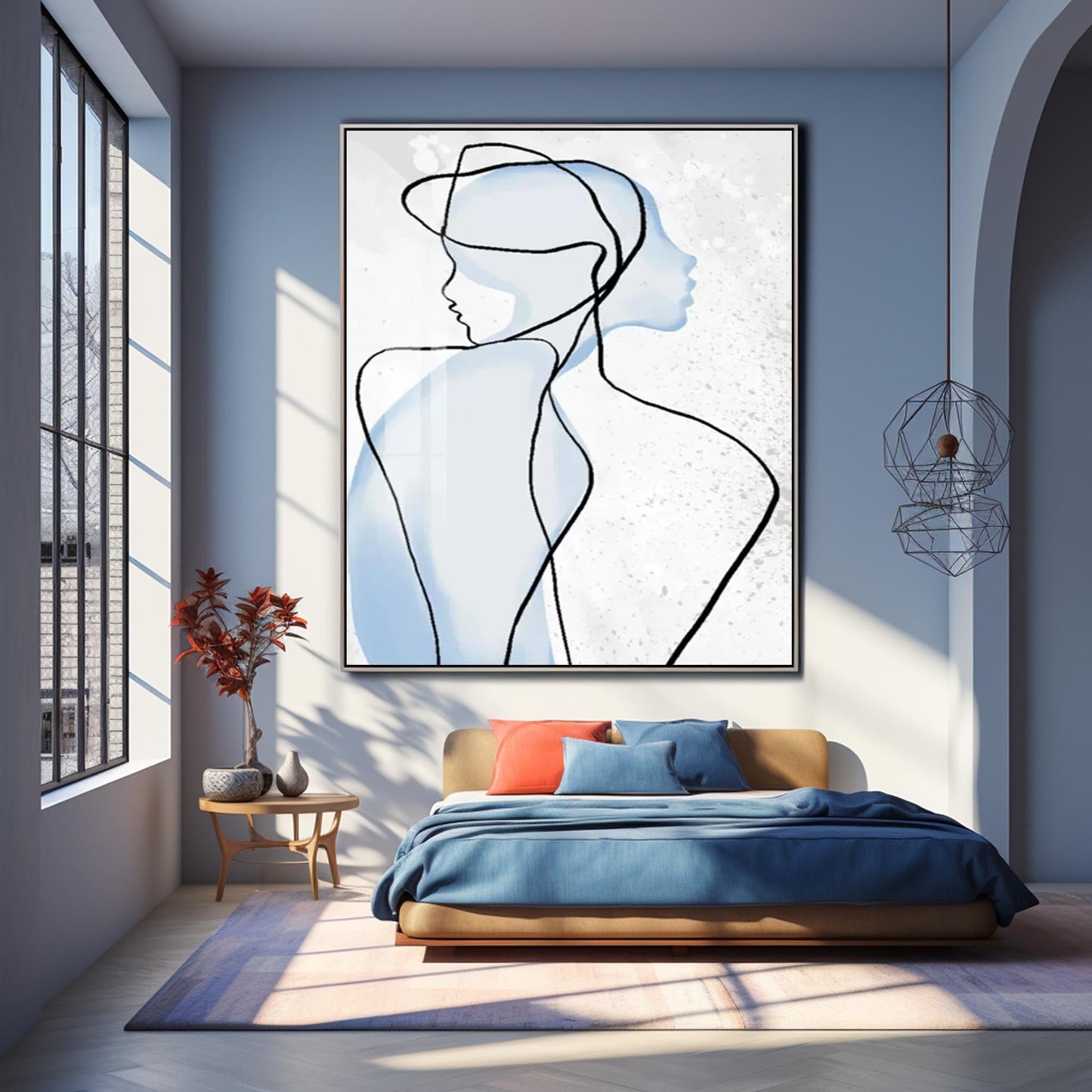 Contemporary Abstract Oil Painting of Blue Silhouetted Figures on Canvas