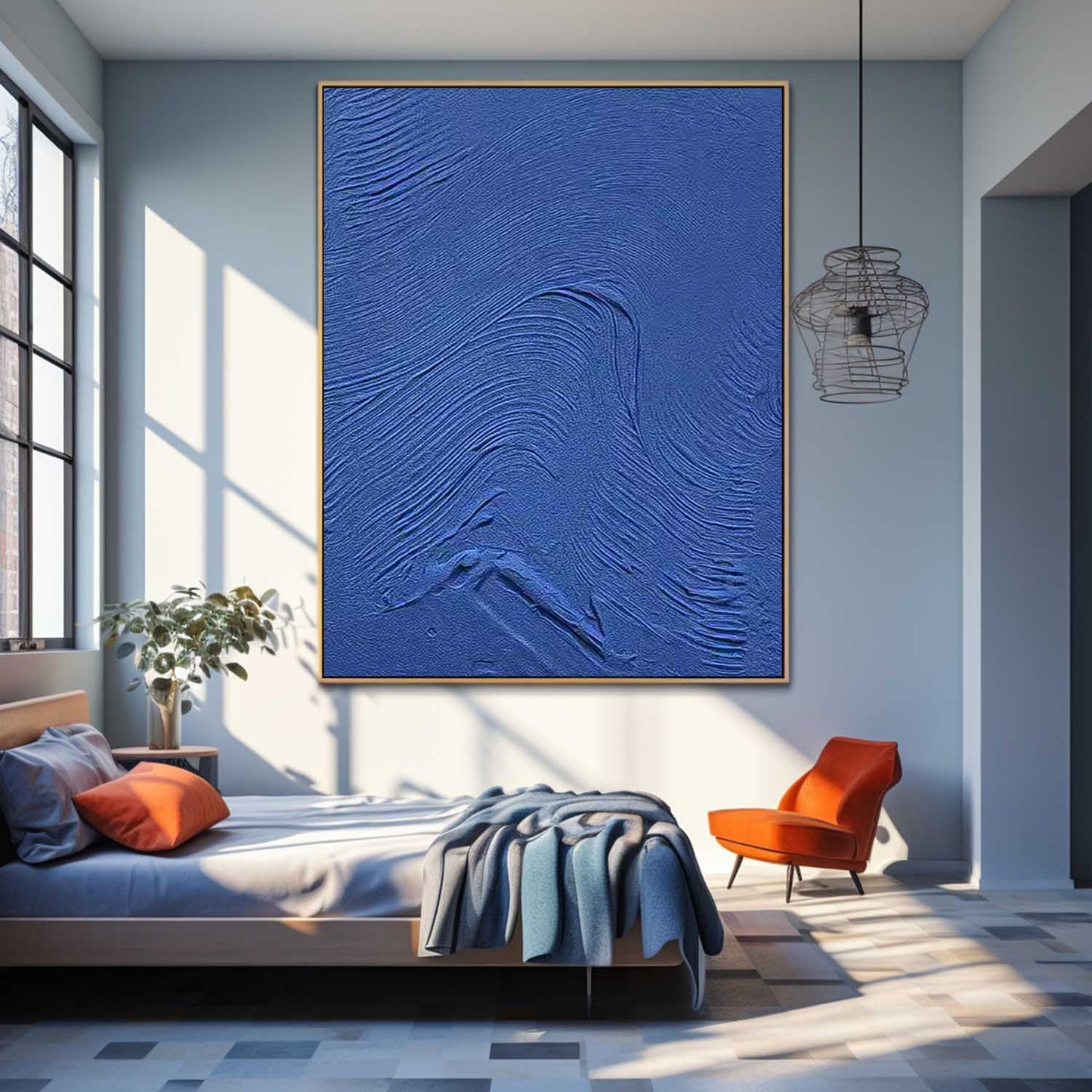 Textured Blue Abstract Oil Painting for Modern Minimalist Home Decor