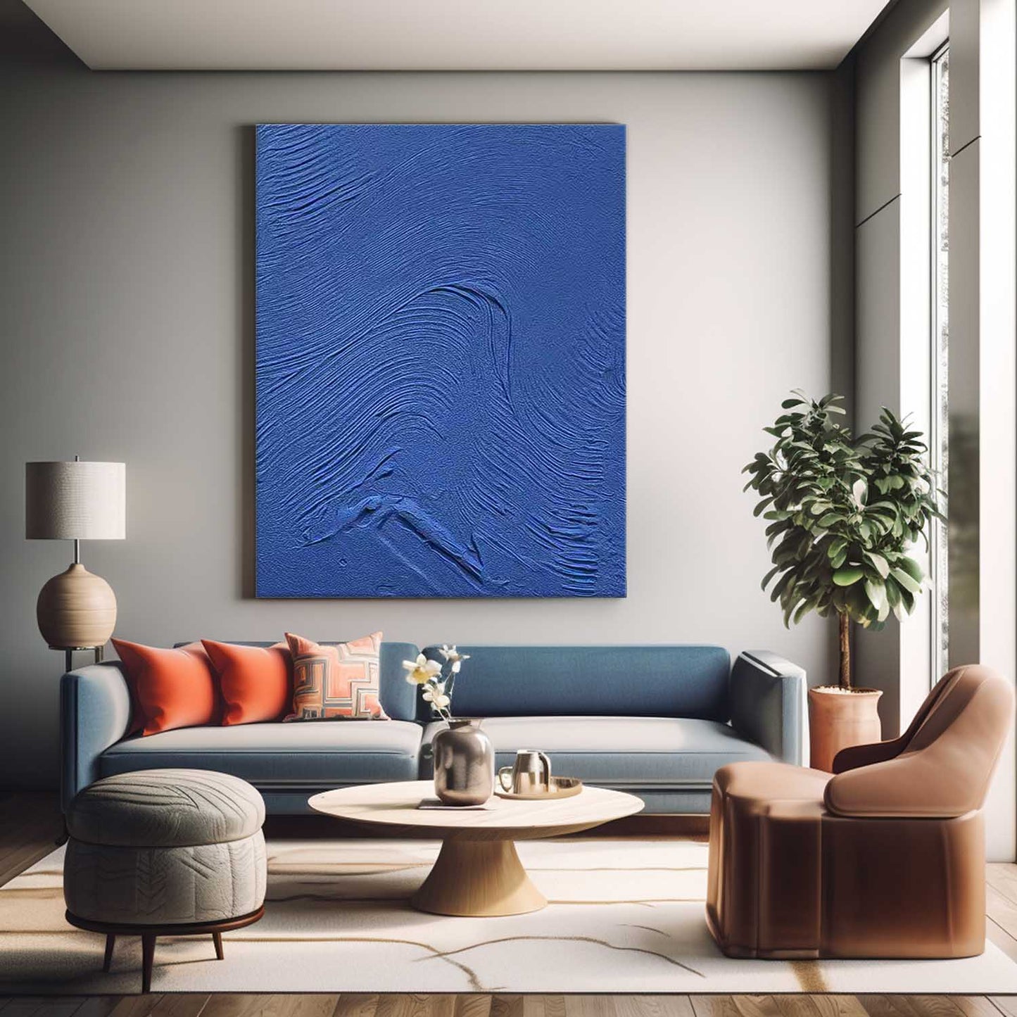 Textured Blue Abstract Oil Painting for Modern Minimalist Home Decor