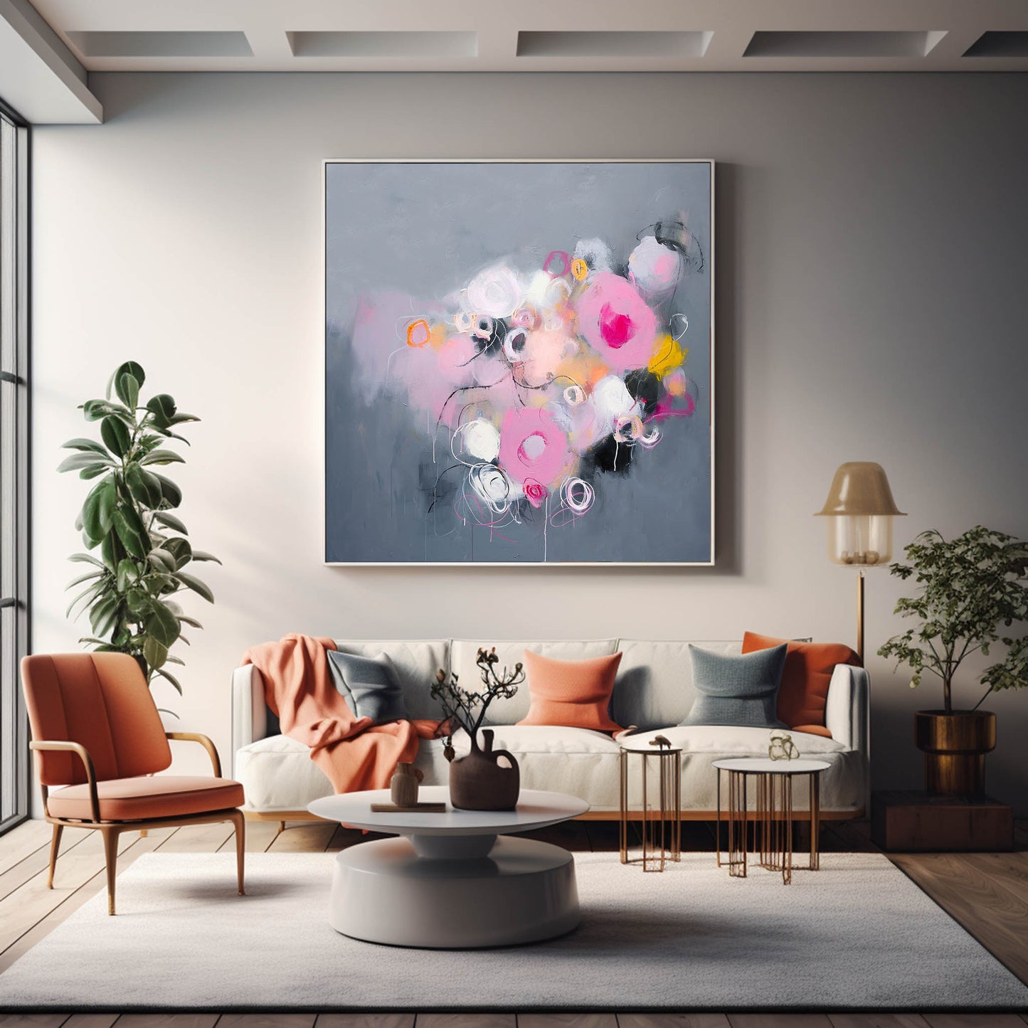 Whimsical Abstract Oil Painting with Pink and Gray Swirls for Modern Decor