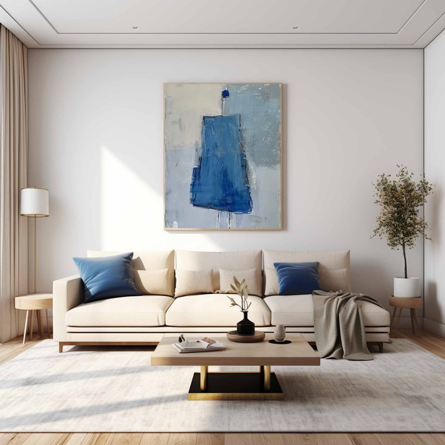 Abstract Blue Minimalist Oil Painting for Contemporary Home Decor