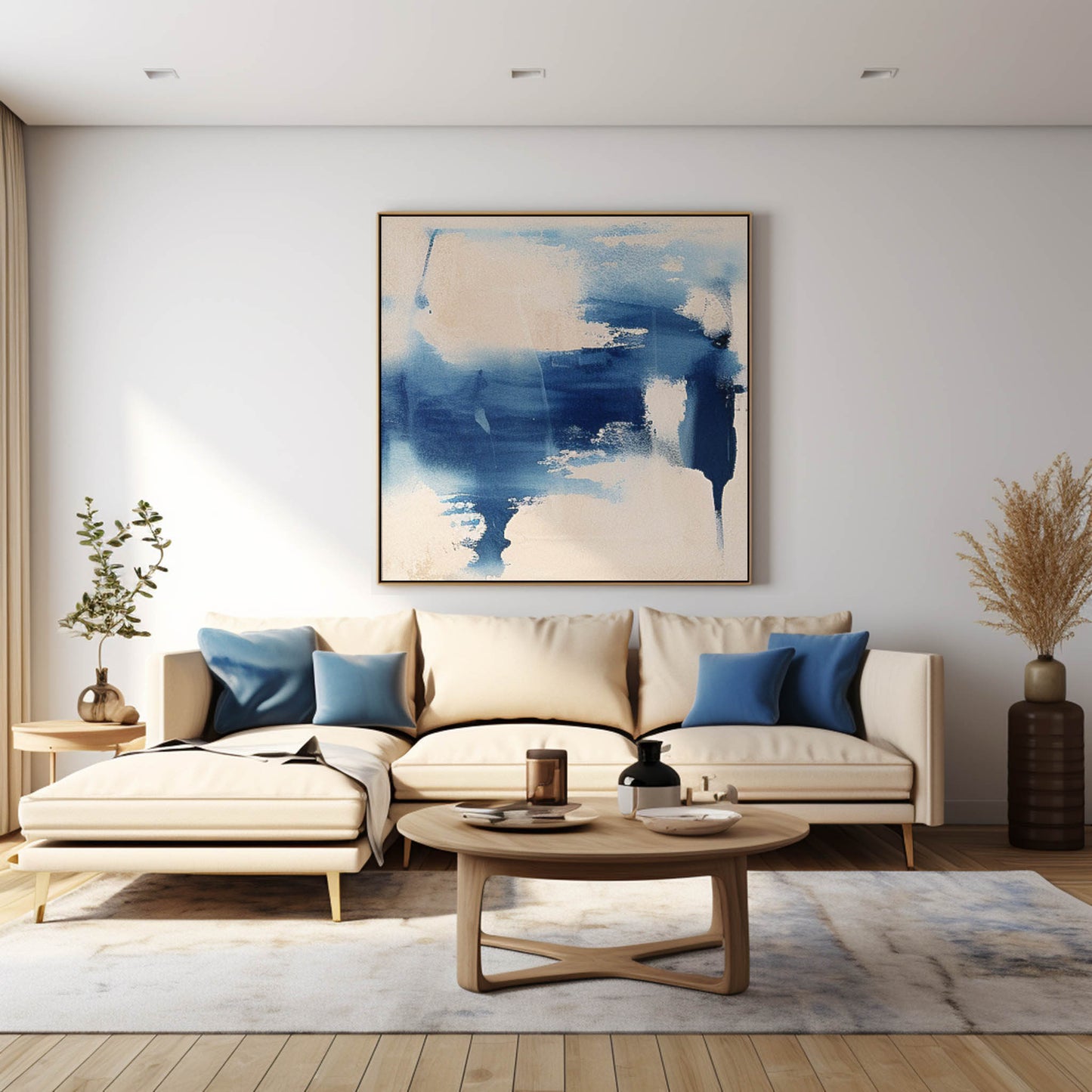 Contemporary Abstract Oil Painting in Blue and Cream for Modern Home Decor