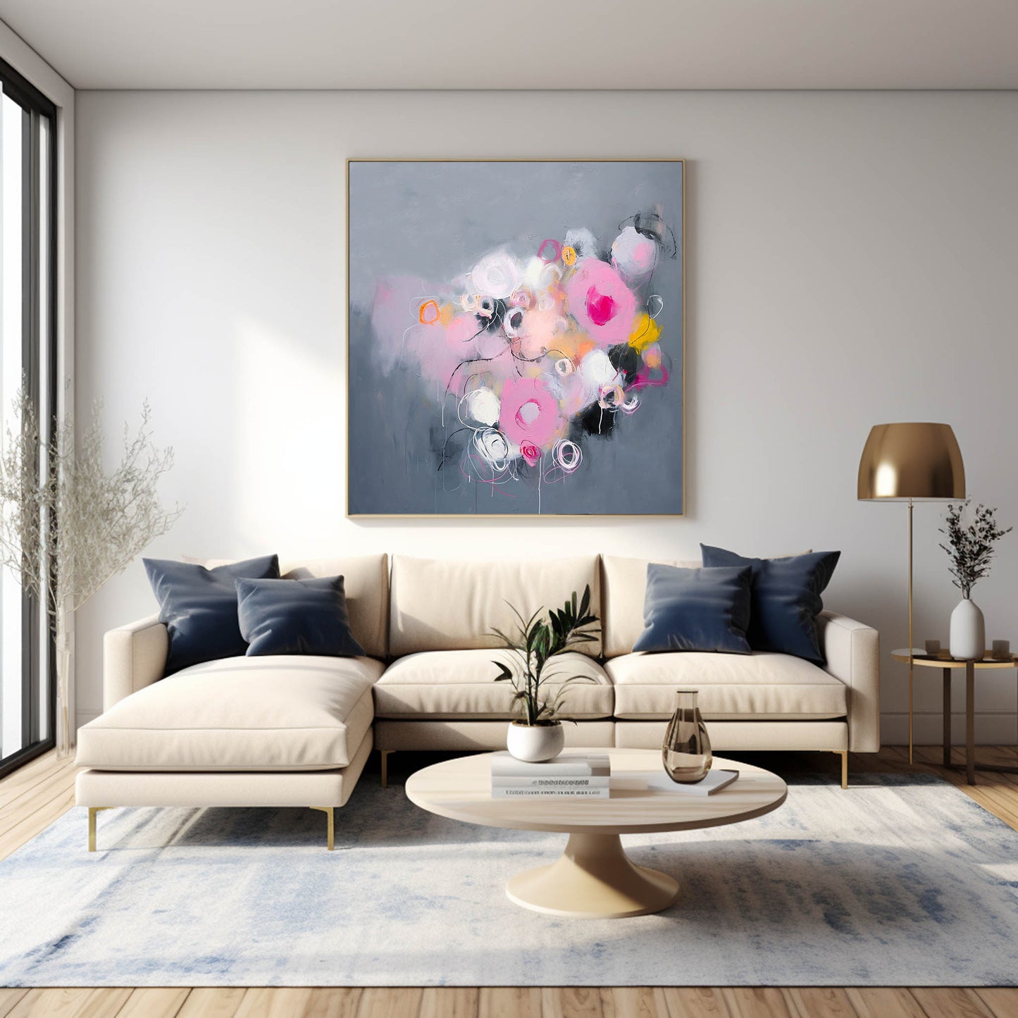Whimsical Abstract Oil Painting with Pink and Gray Swirls for Modern Decor