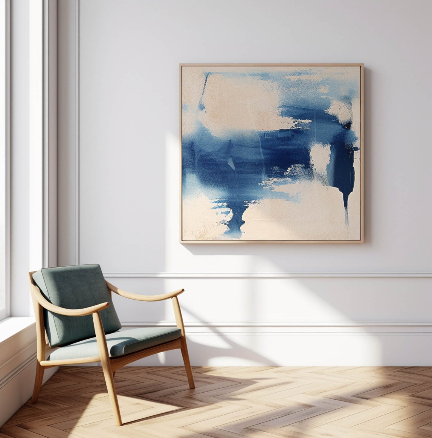 Contemporary Abstract Oil Painting in Blue and Cream for Modern Home Decor