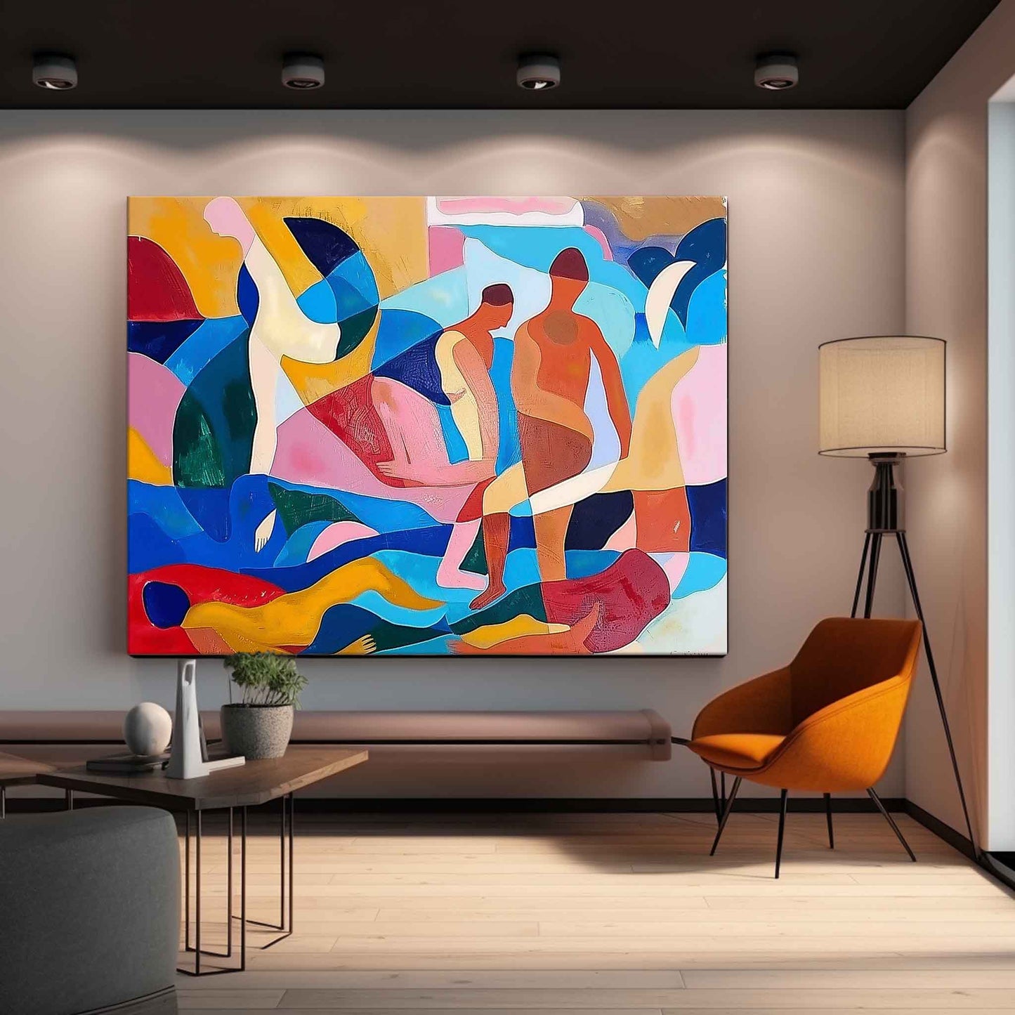 Colorful Abstract Oil Painting of Human Figures in Dynamic Composition