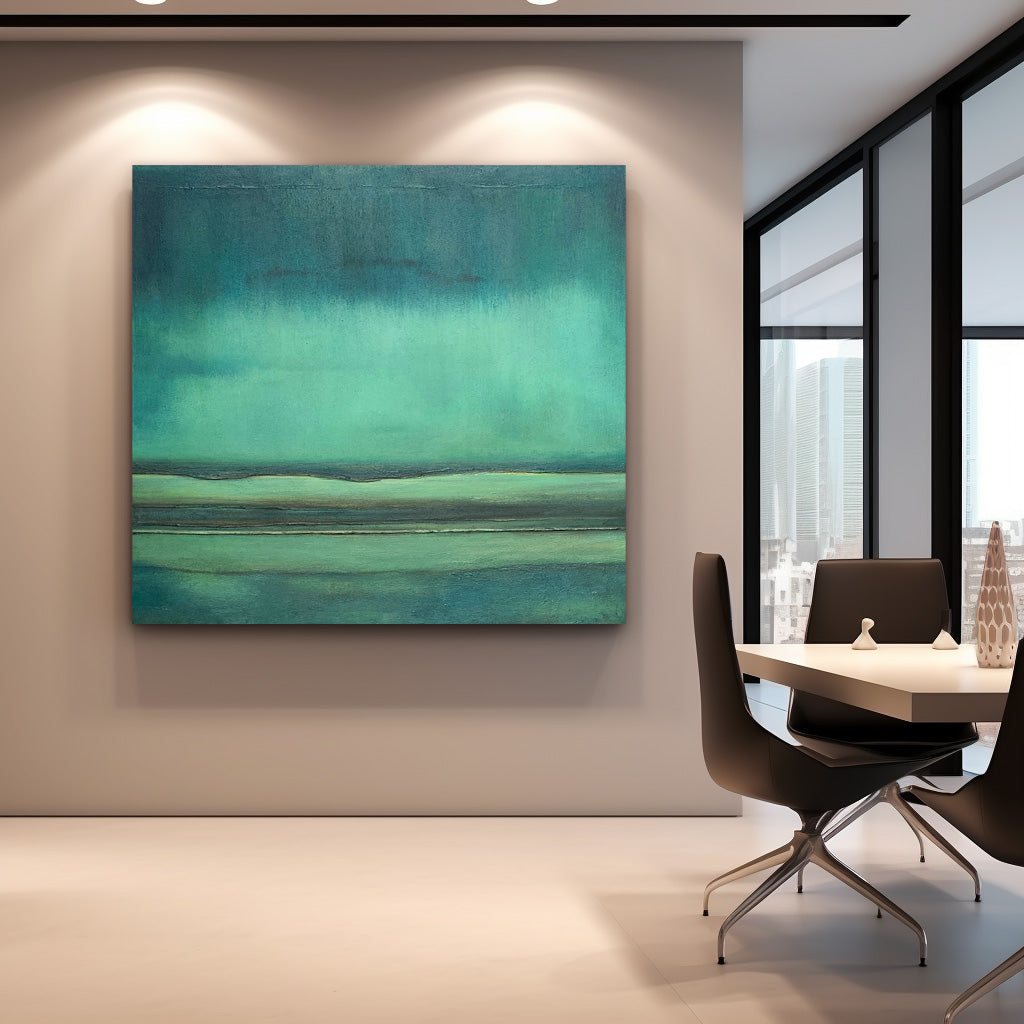Serene Minimalist Oil Painting with Tranquil Green Tones for Modern Decor