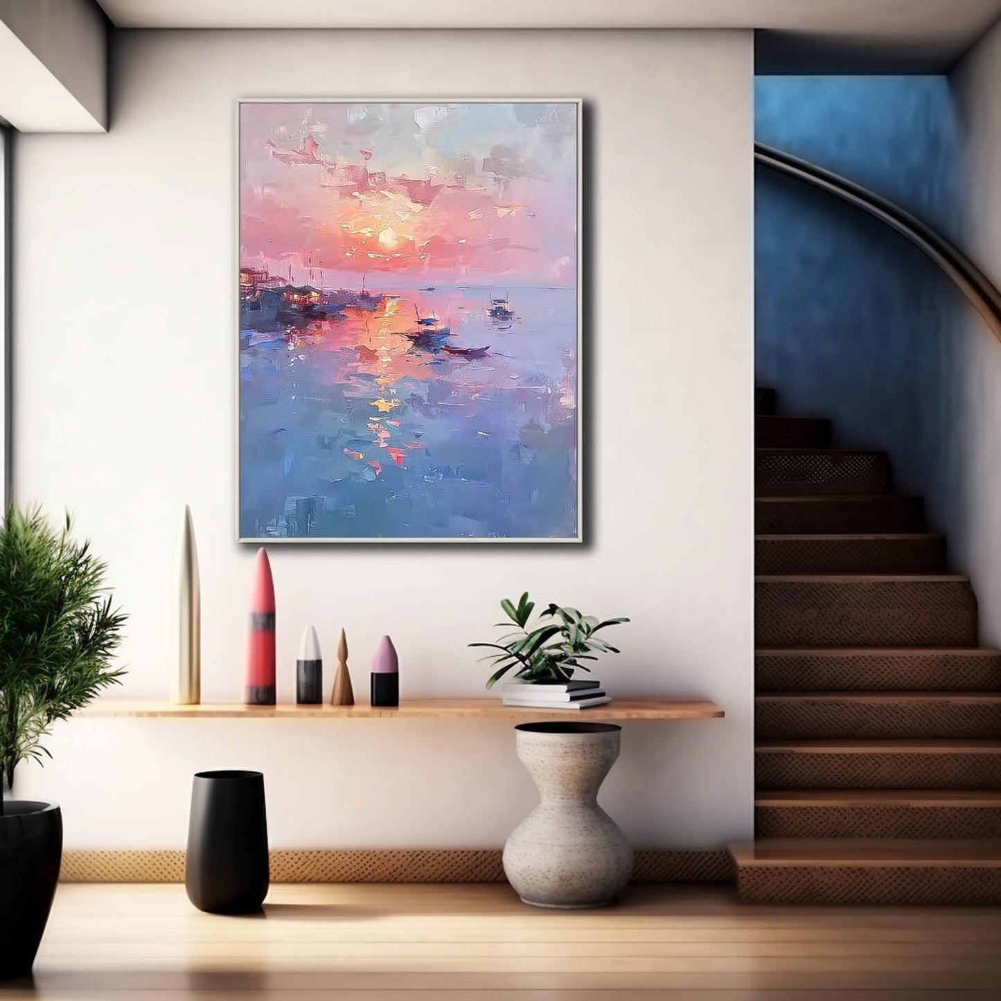 Serene Sunset Seascape Oil Painting with Boats and Reflective Water