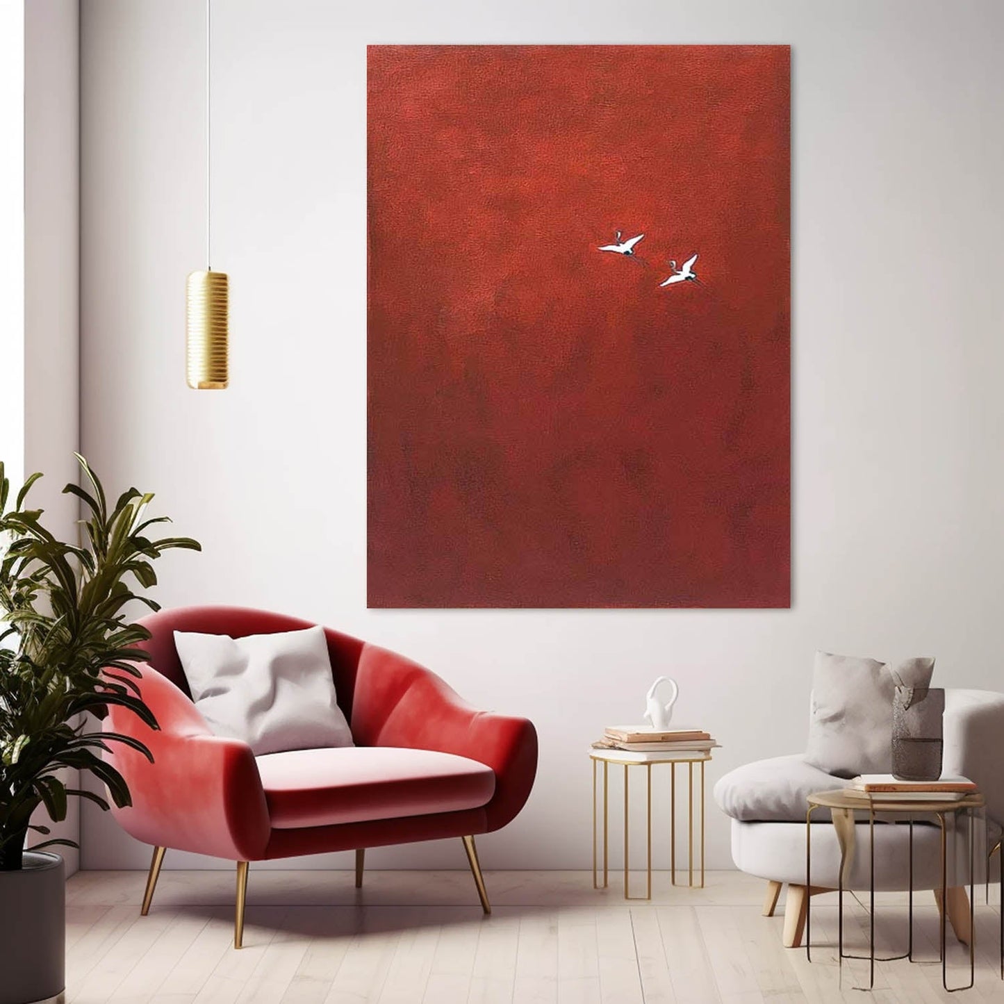 Elegant Red Minimalist Oil Painting with Birds in Flight for Modern Home Décor