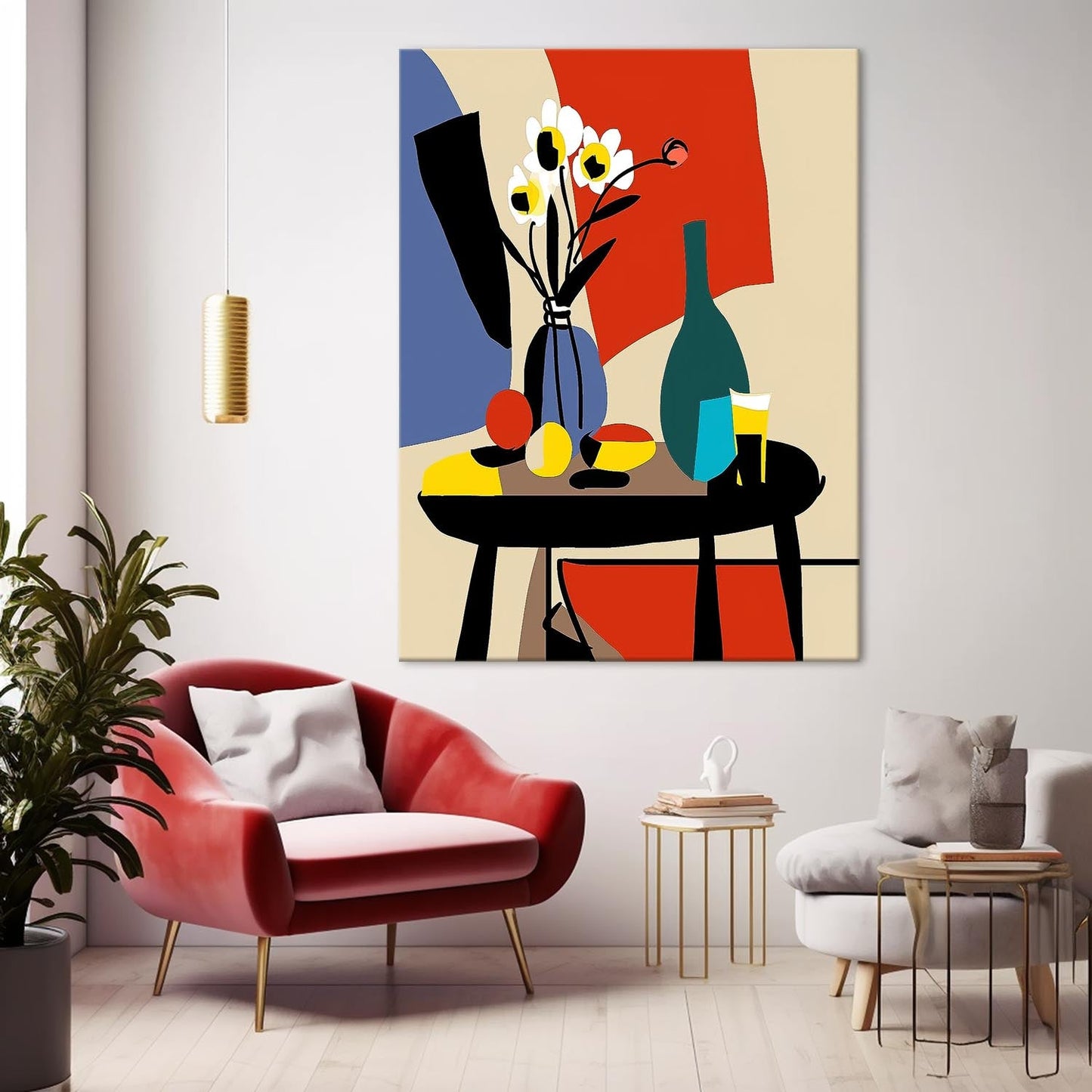 Modern Floral Still Life Oil Painting with Colorful Vase and Fruit Table Decor