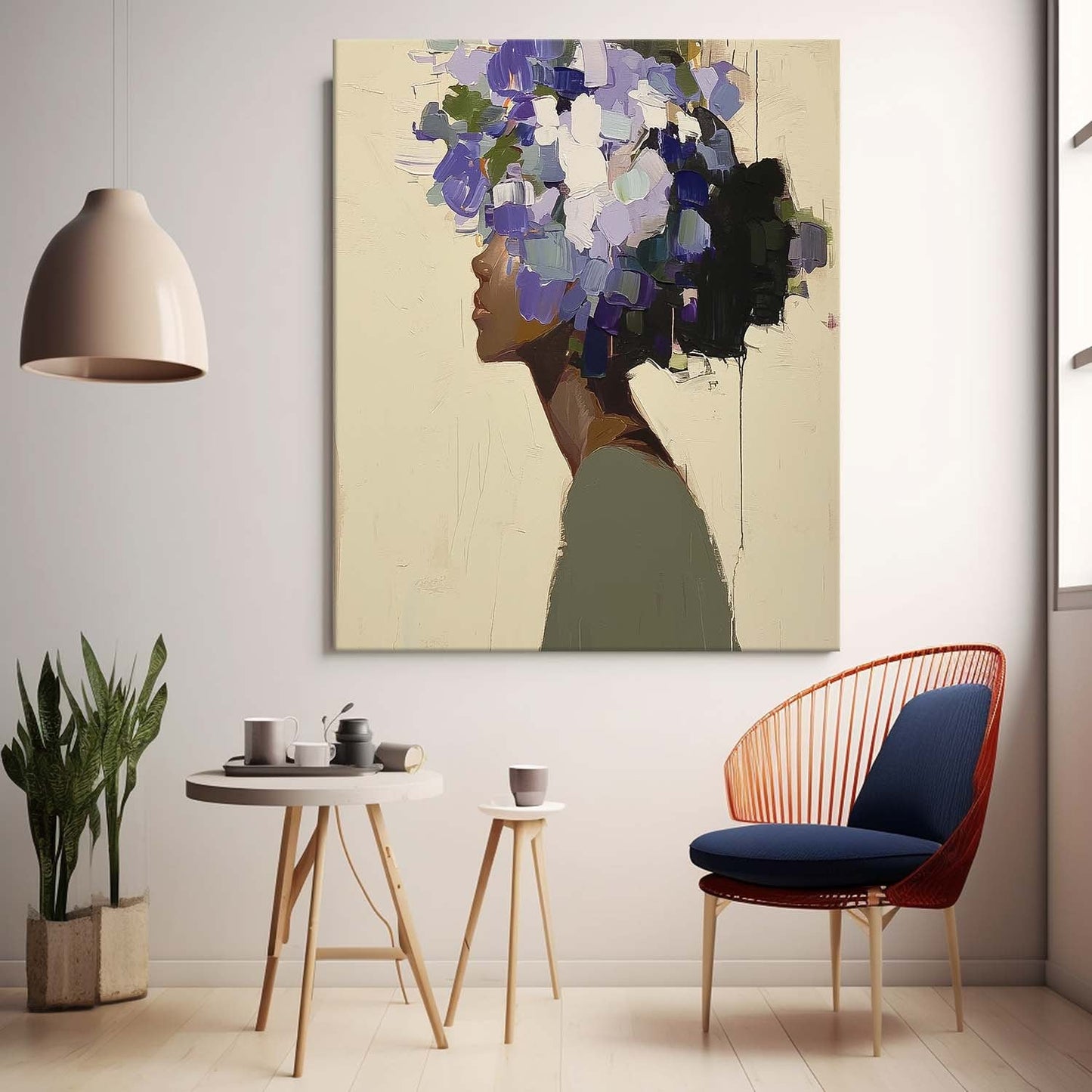 Elegant Woman Silhouette with Vibrant Floral Hair - Contemporary Oil Painting