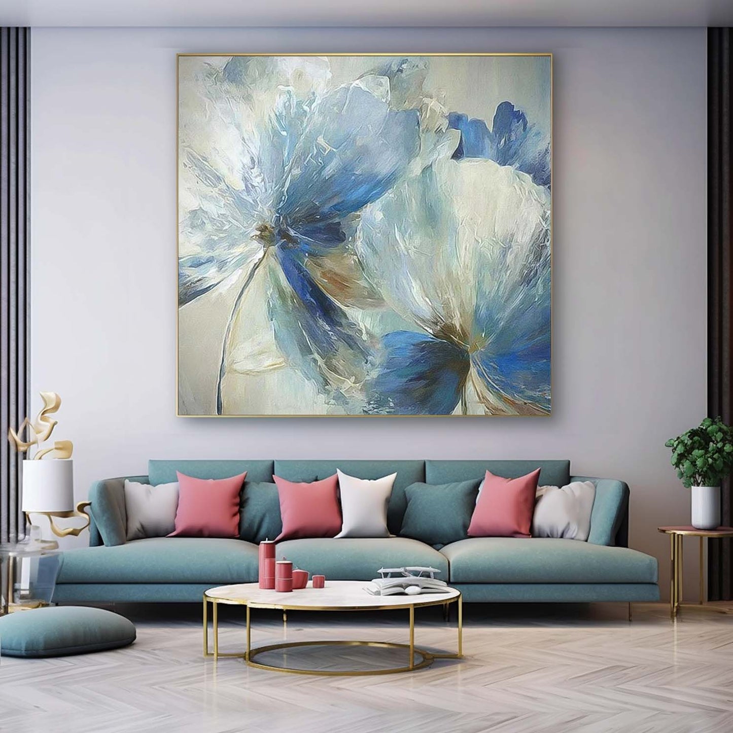 Elegant Blue Floral Oil Painting for Home Decor and Art Collectors
