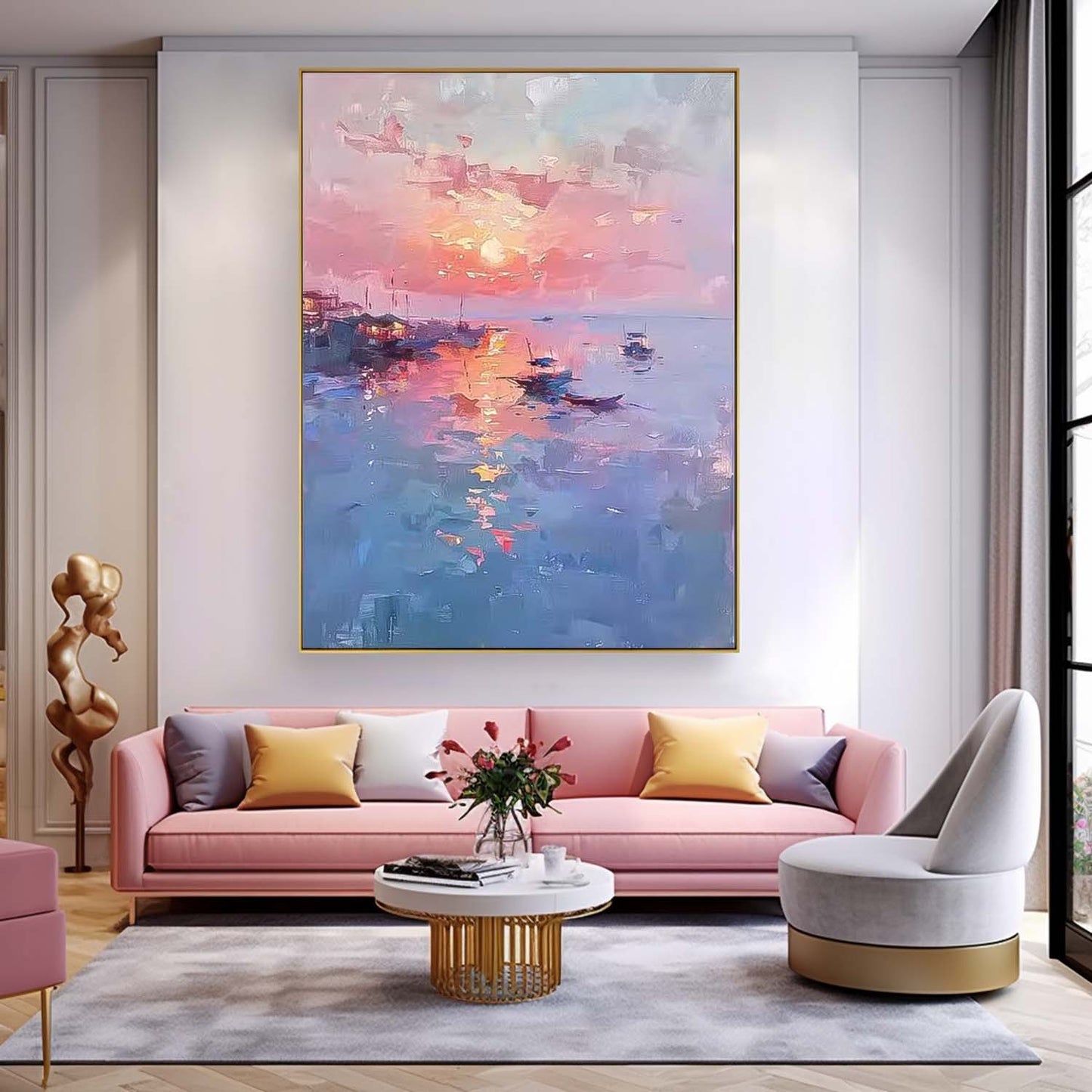 Serene Sunset Seascape Oil Painting with Boats and Reflective Water
