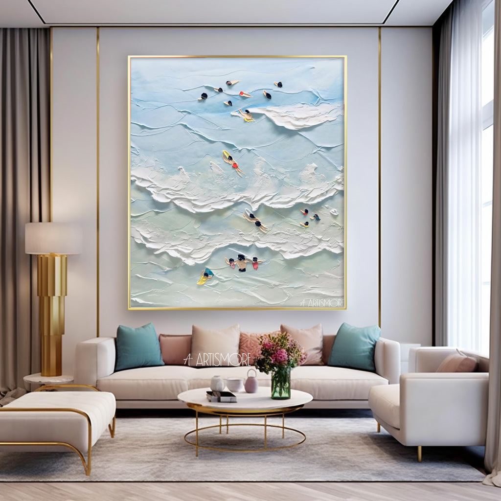 Vibrant Beach Scene Oil Painting with Swimmers and Ocean Waves