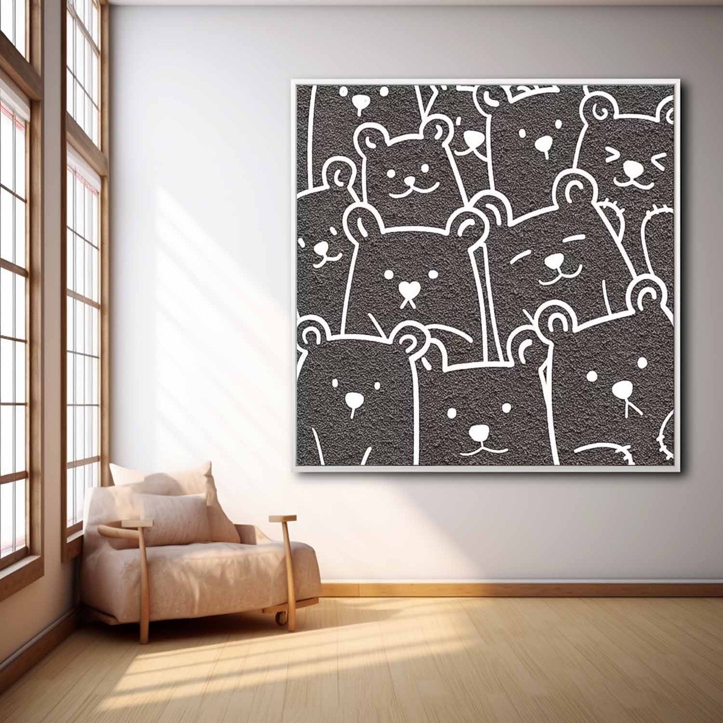 Charming Bear Faces Minimalist Oil Painting for Playful Home Decor