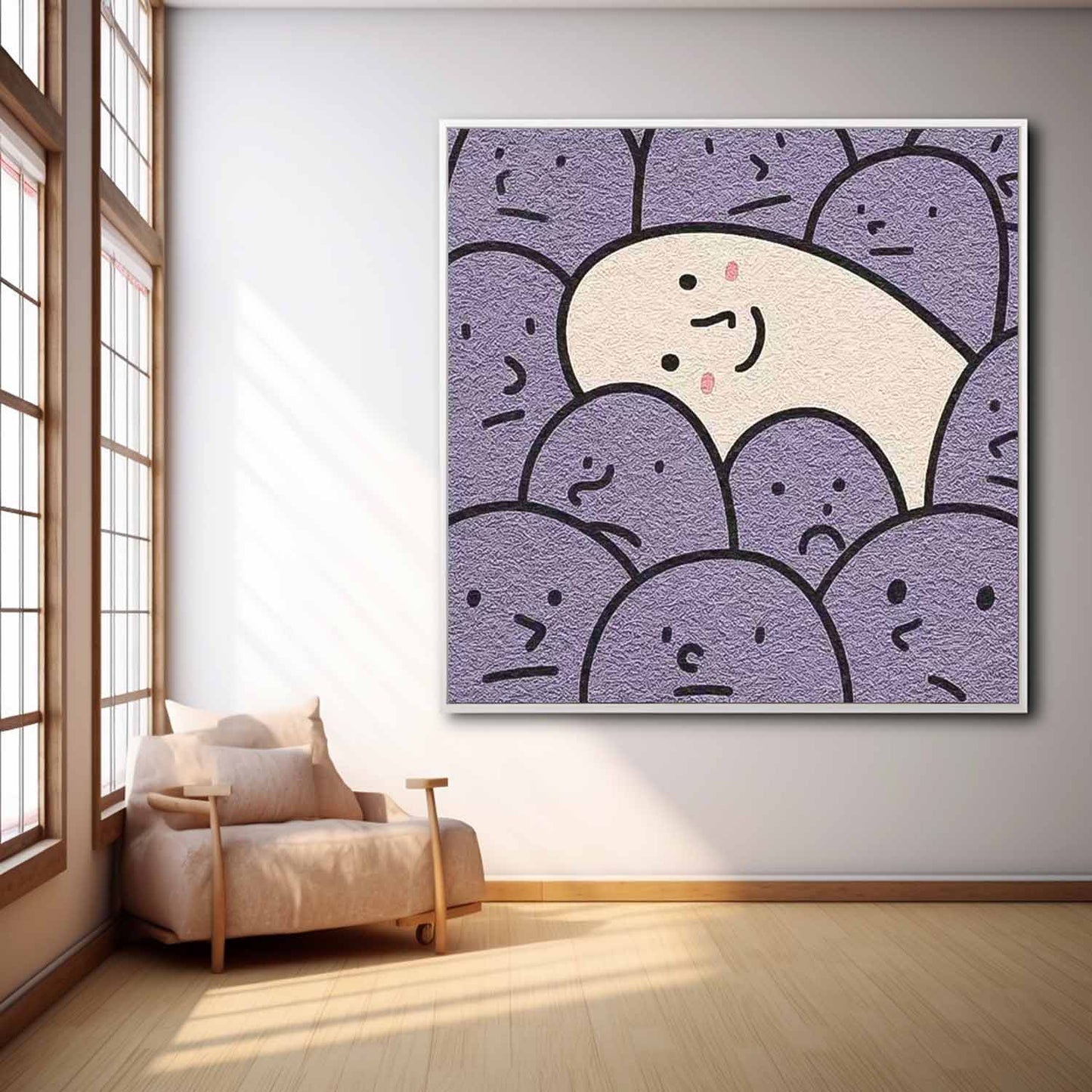 Charming Minimalist Oil Painting of Smiling Character Among Purple Faces