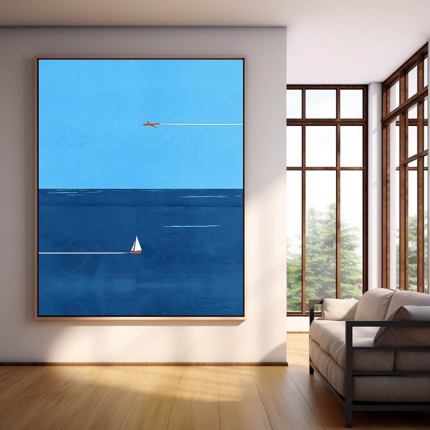 Serene Blue Minimalist Ocean Scene with Plane and Sailboat Oil Painting for Home Decor