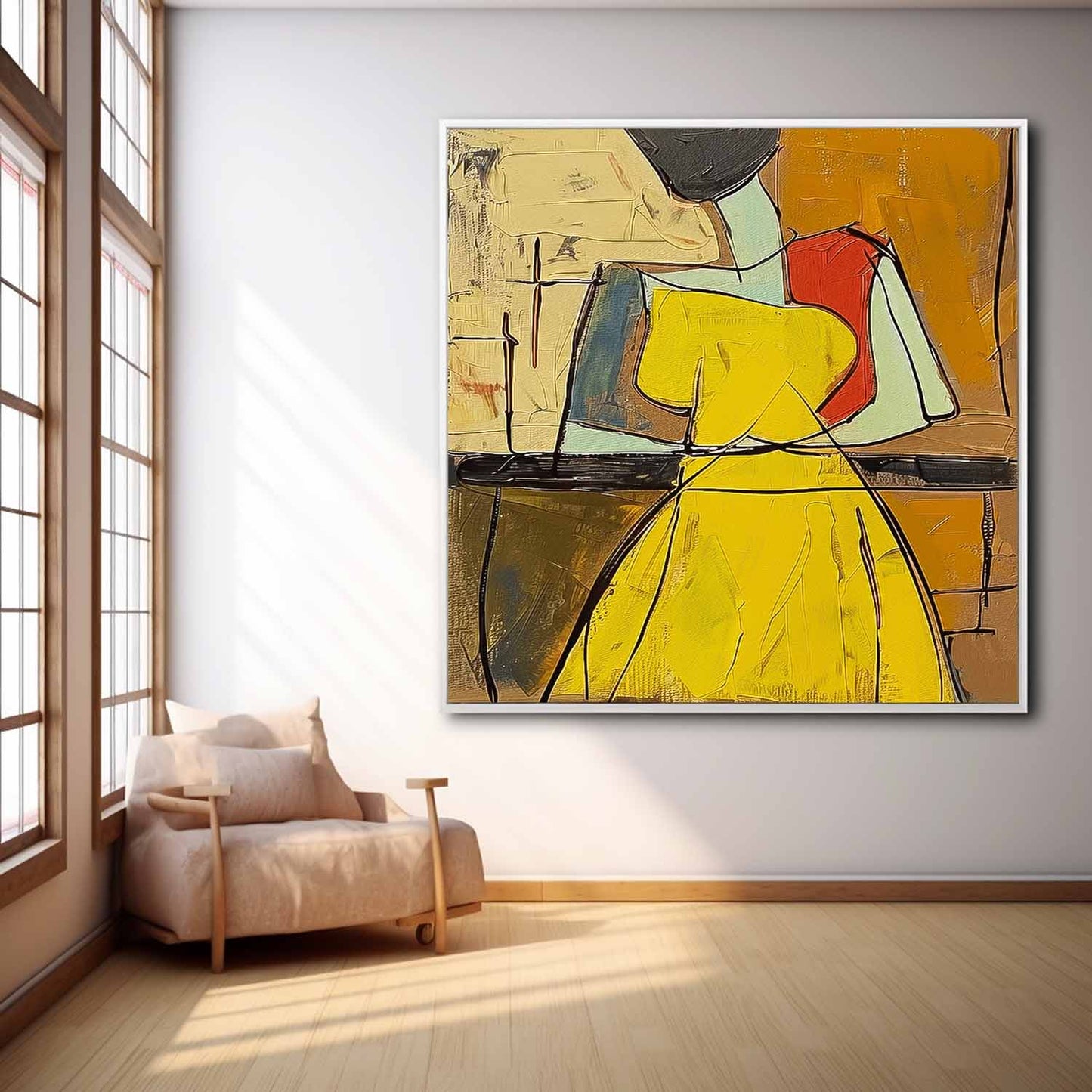 Colorful Abstract Oil Painting of a Woman in Yellow Dress - Modern Canvas Art
