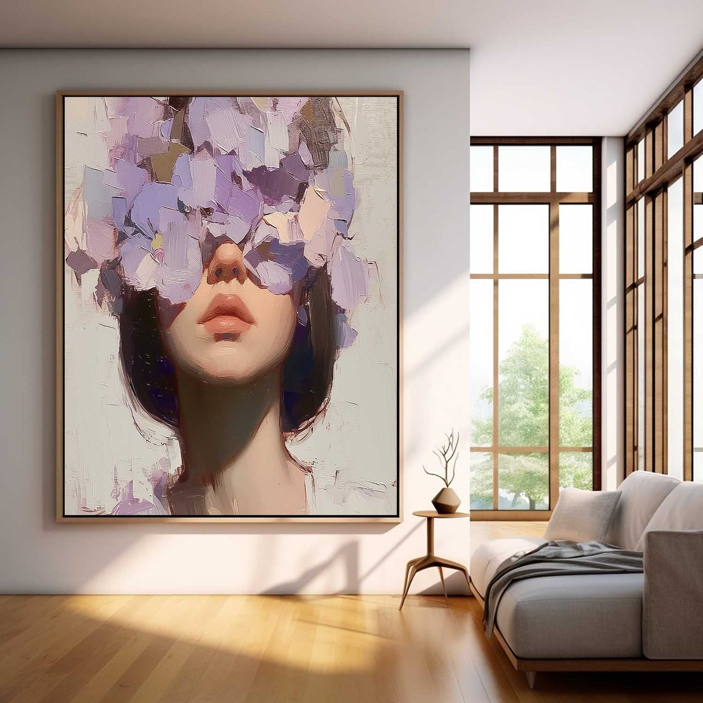 Floral Concealment: Stunning Oil Painting of a Woman Surrounded by Blossoms