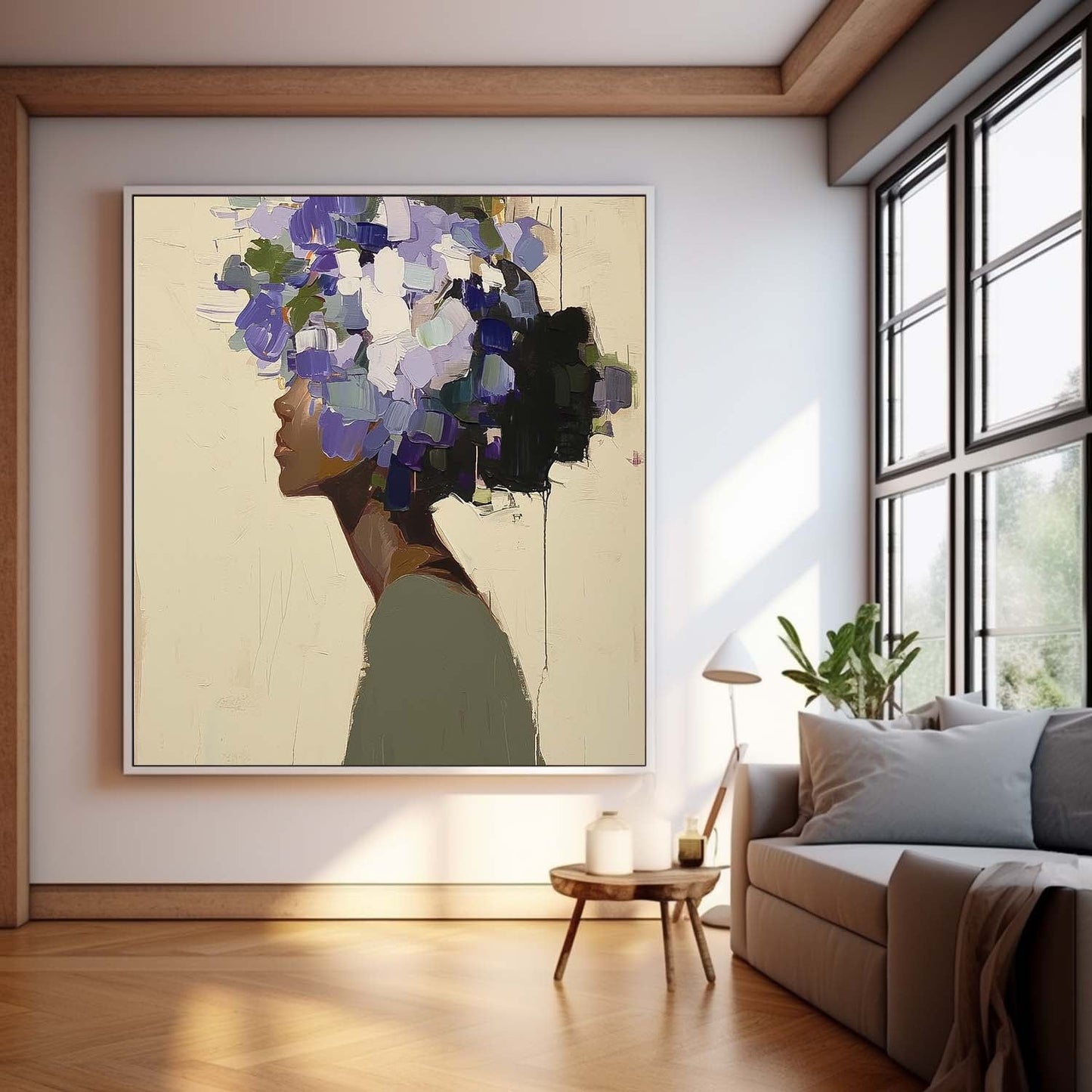 Elegant Woman Silhouette with Vibrant Floral Hair - Contemporary Oil Painting