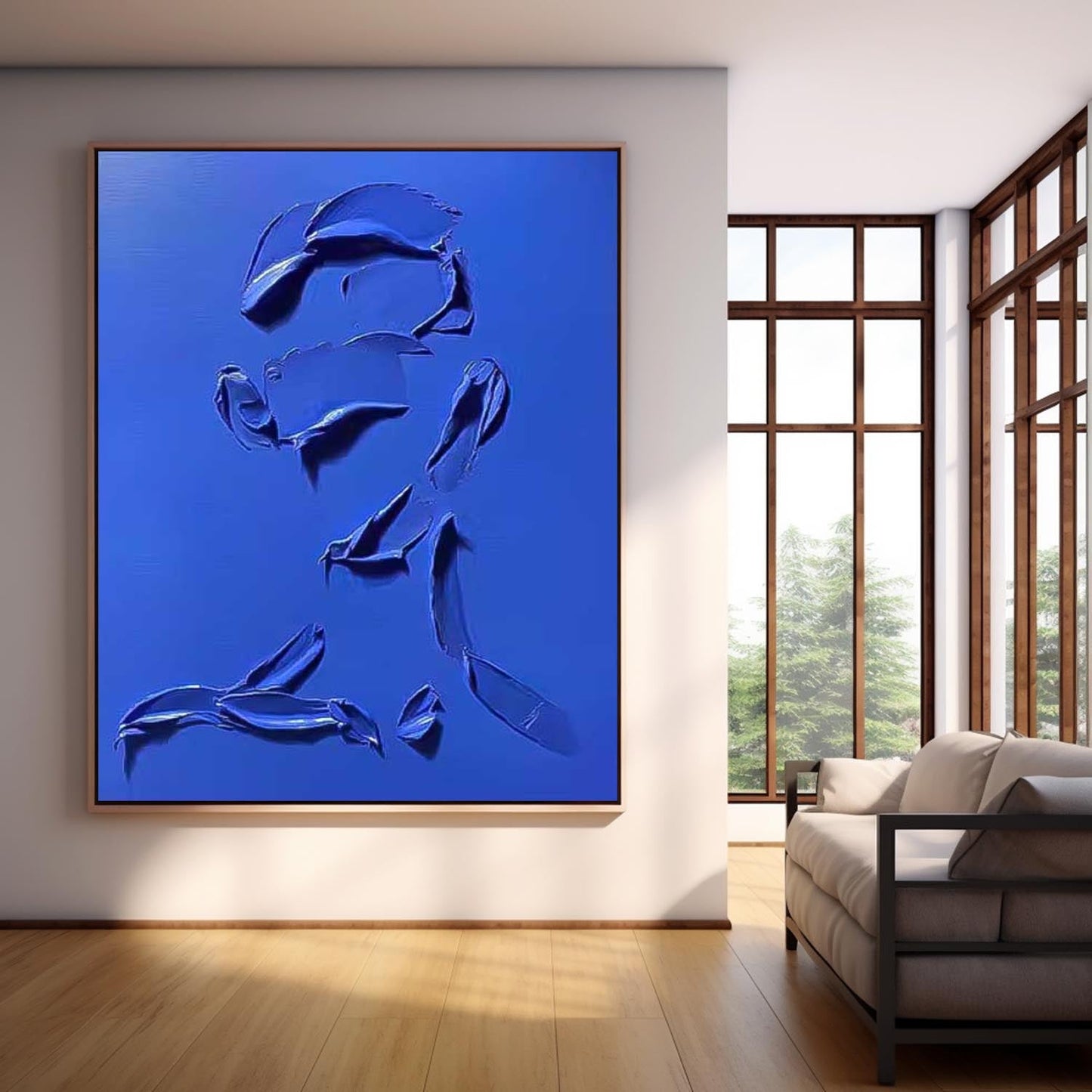 Bold Blue Minimalist Oil Painting for Modern Home Decor