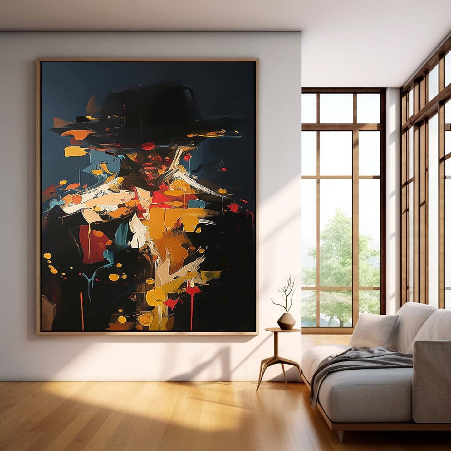Abstract Figure Oil Painting with Bold Colors and Unique Hat Design