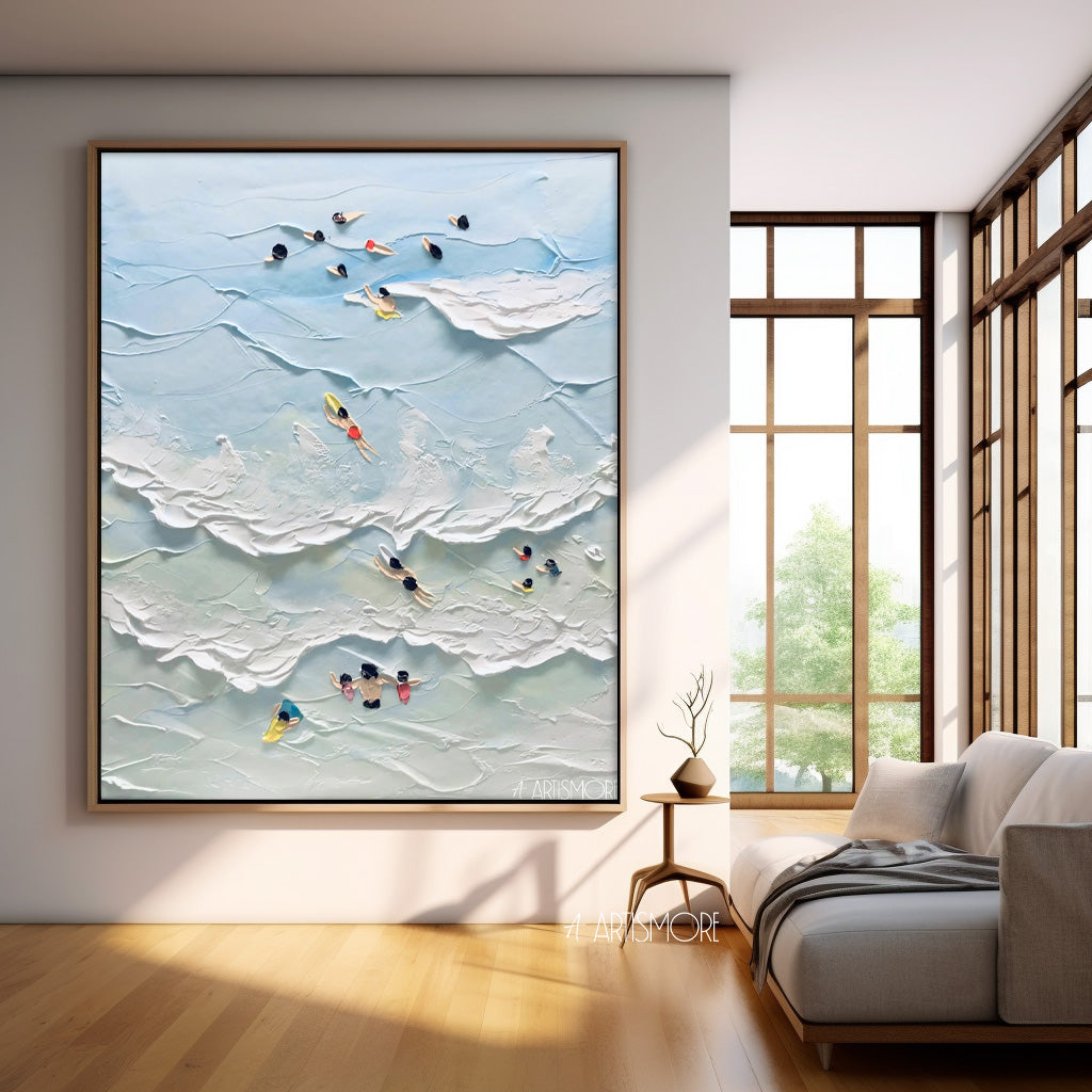 Vibrant Beach Scene Oil Painting with Swimmers and Ocean Waves