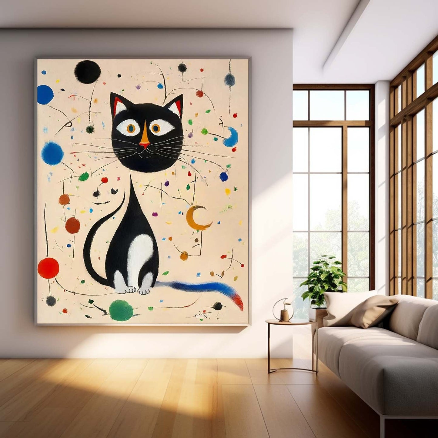 Charming Black Cat Oil Painting with Colorful Abstract Surroundings