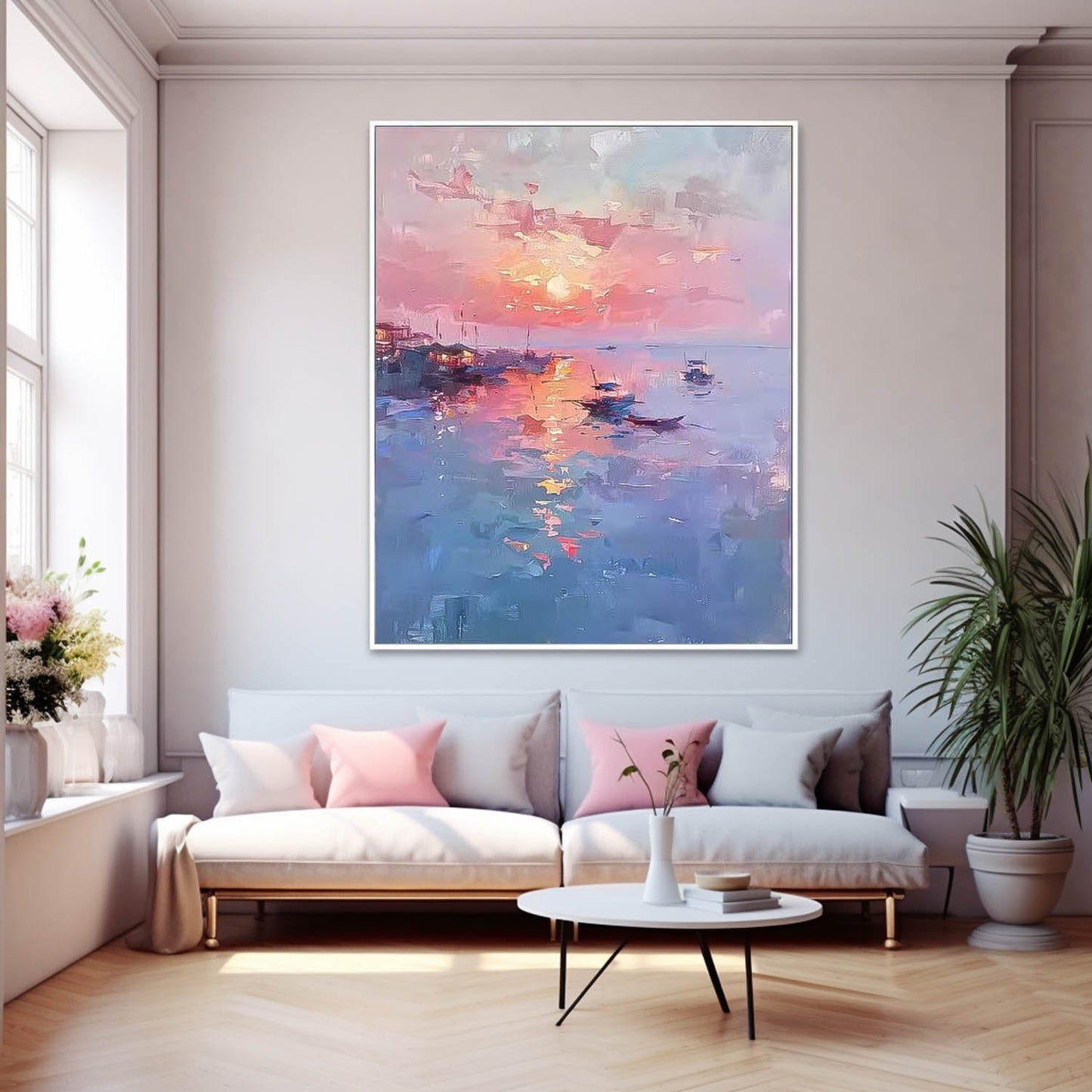 Serene Sunset Seascape Oil Painting with Boats and Reflective Water