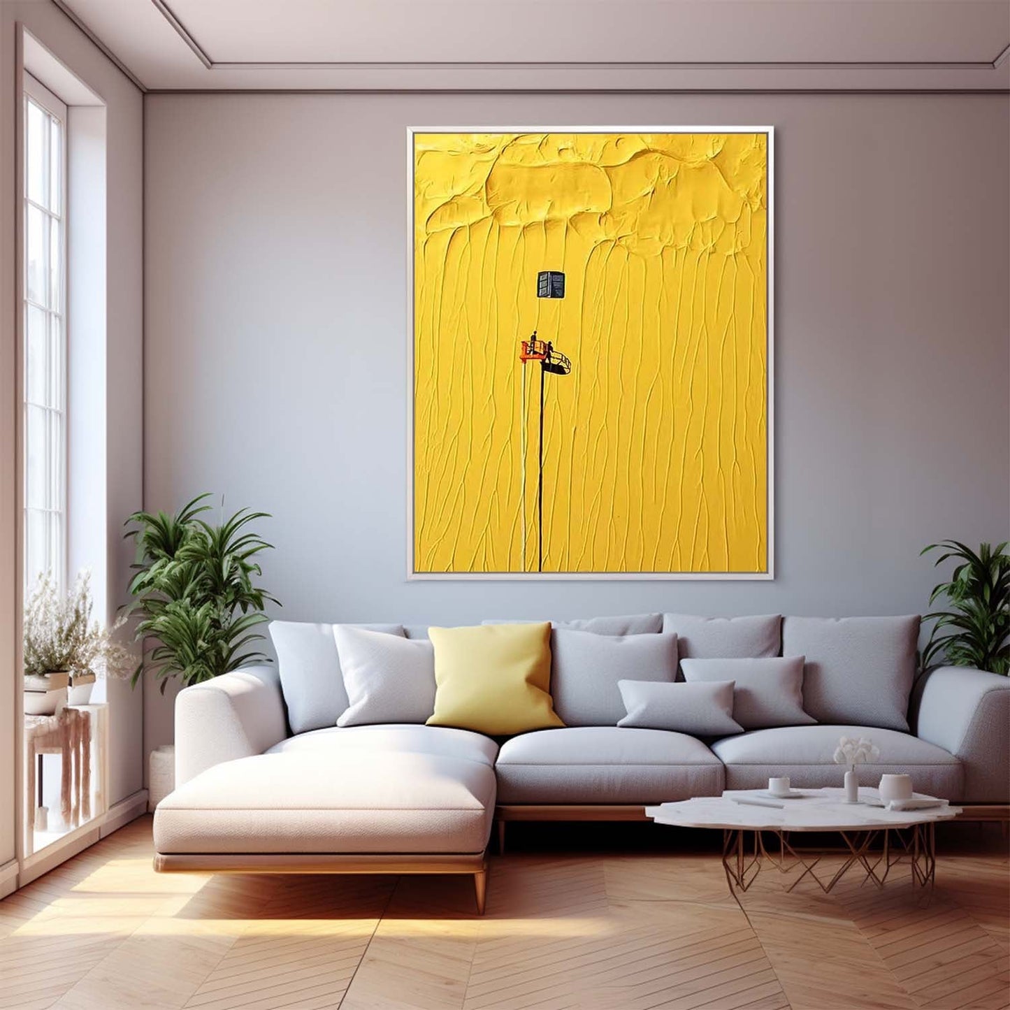 Vibrant Yellow Minimalist Oil Painting with Unique Texture and Artistic Detail